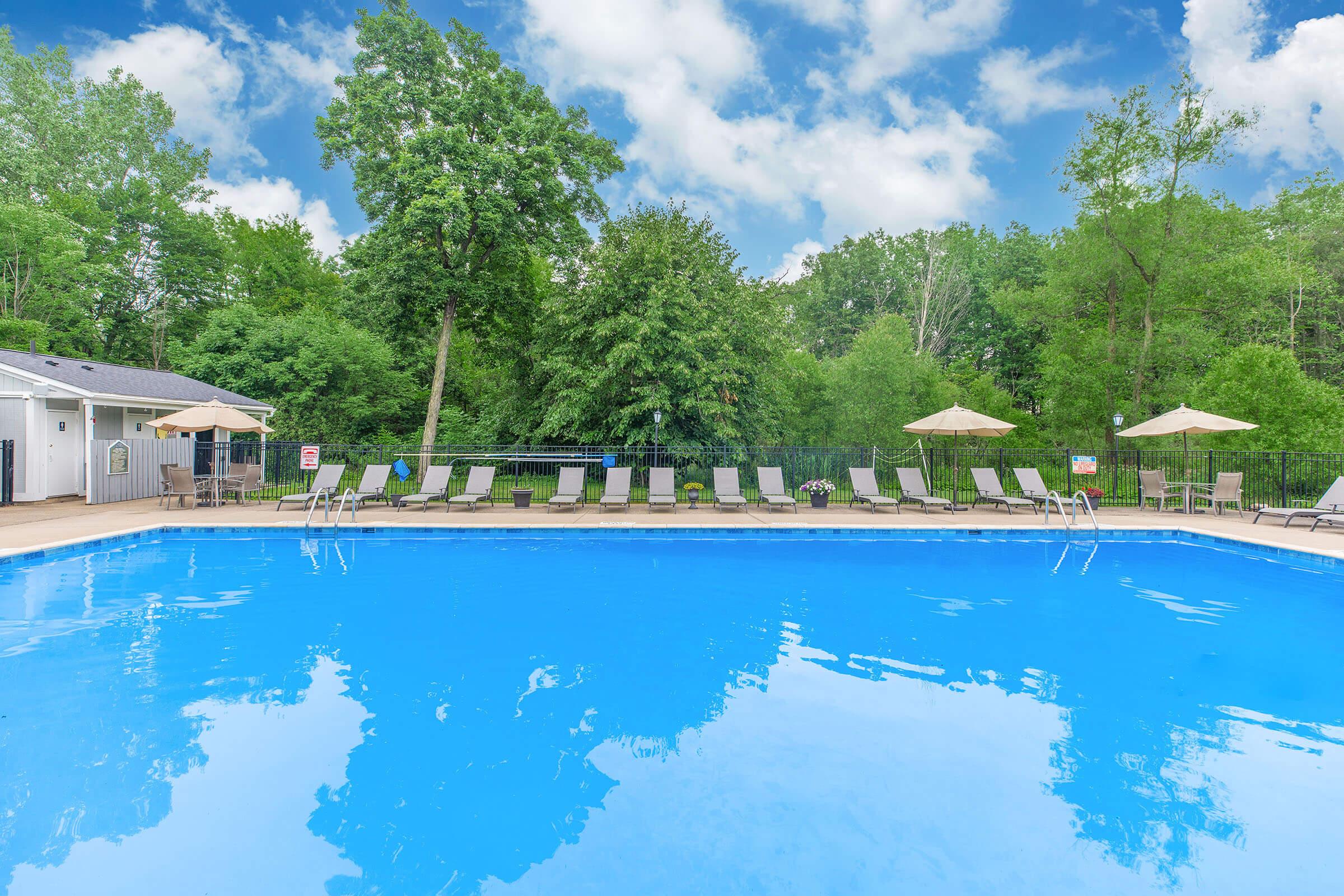 A clear blue swimming pool surrounded by green trees and a blue sky with white clouds. Lounge chairs line the pool area, and a shaded patio can be seen in the background, creating a relaxing outdoor atmosphere.