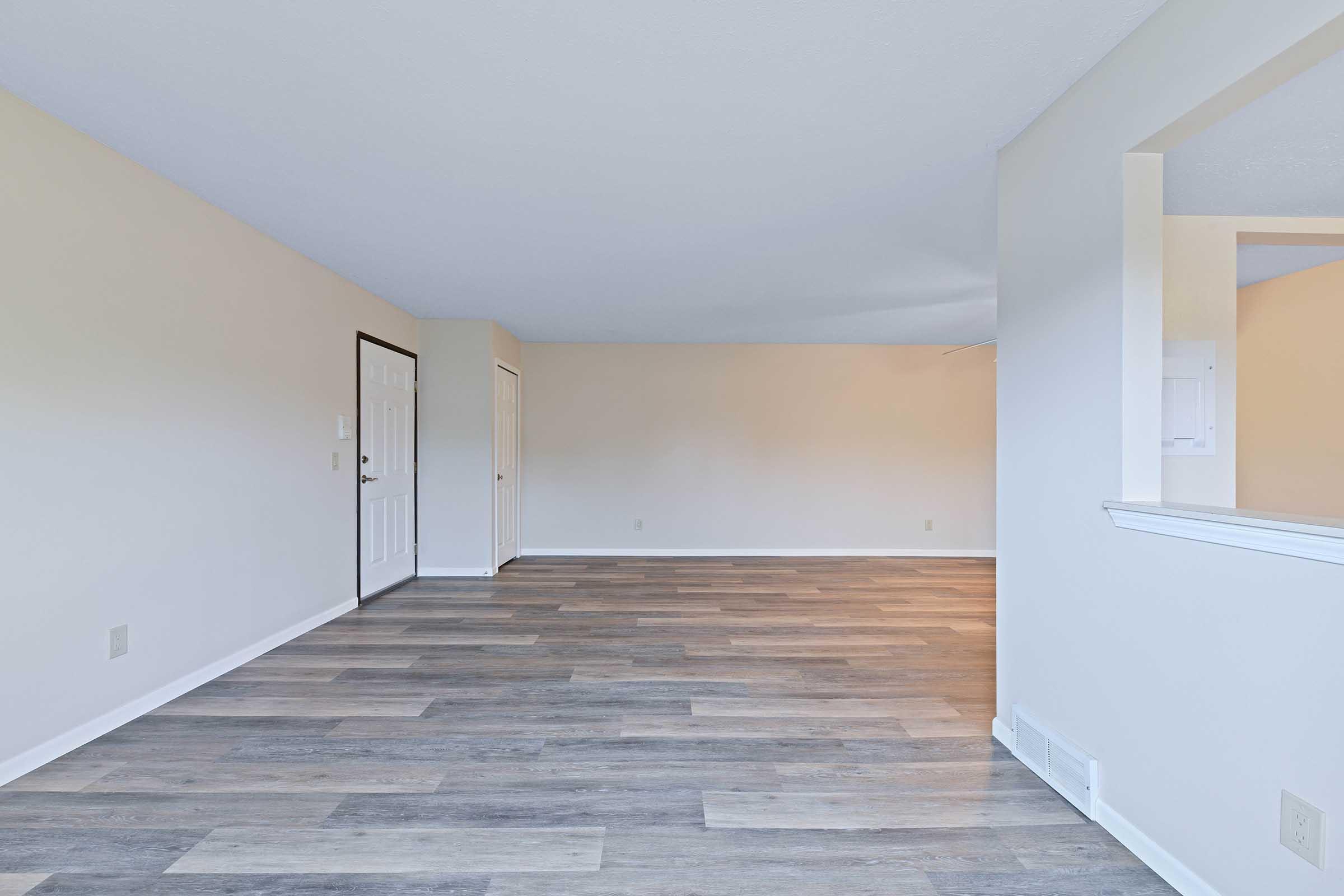A spacious, empty room featuring light-colored walls, a large window allowing natural light, and a modern wood-like flooring. Two doorways can be seen, one leading to a closet and another to a different area. The overall atmosphere is bright and inviting, ideal for various interior design possibilities.