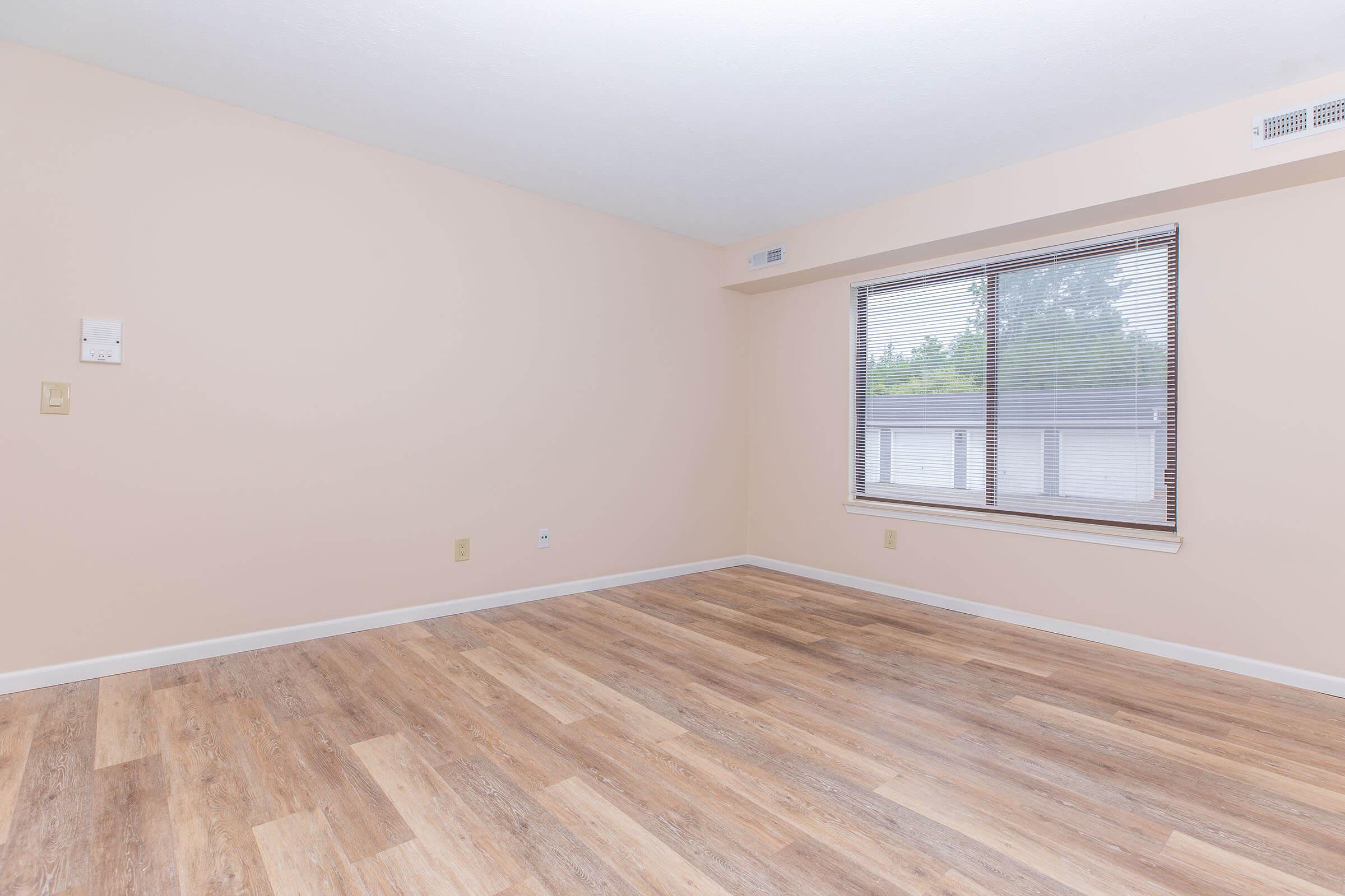 A spacious, empty room with light beige walls and laminate flooring. There's a large window with horizontal blinds allowing natural light in, and minimal wall decorations. A small electrical outlet is visible on one wall, enhancing the simple and clean aesthetic of the space.