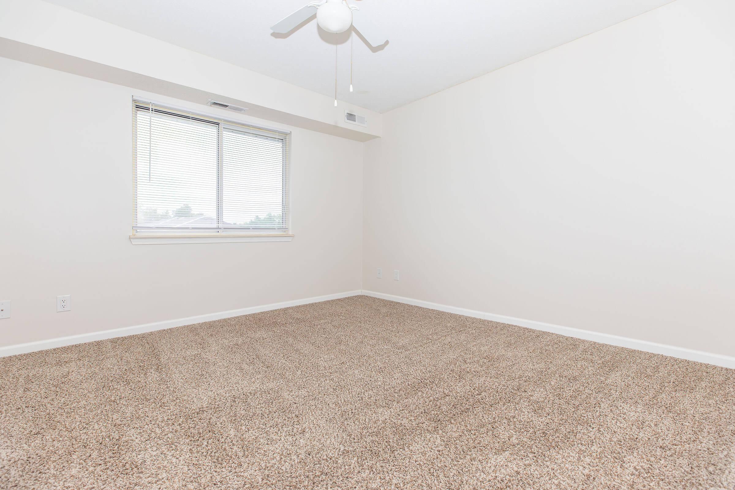 Empty room with beige carpet, white walls, and a ceiling fan. A window with blinds allows natural light to enter, casting soft shadows on the floor. The space appears clean and organized, suitable for decorating or furnishing.