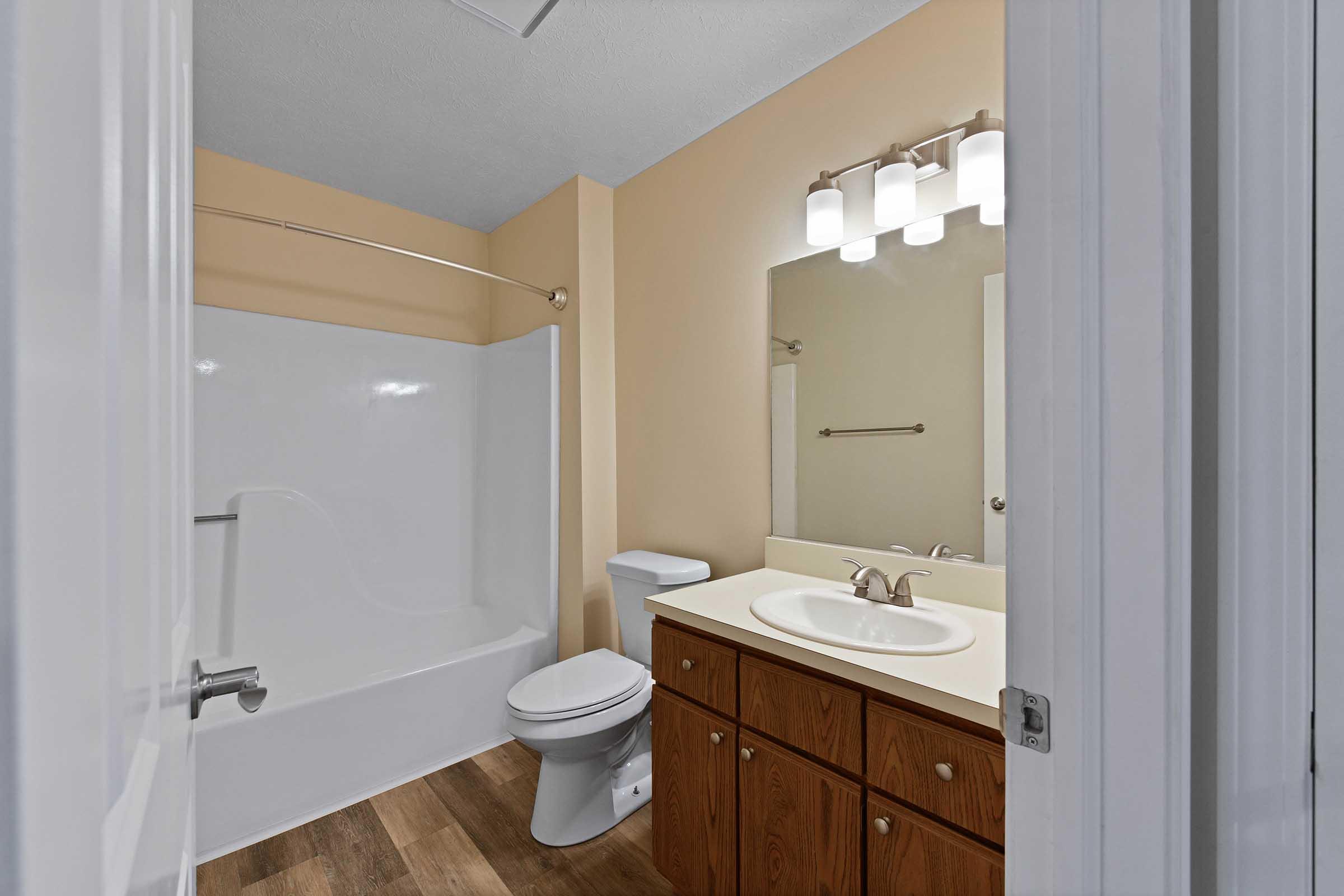 A well-lit bathroom featuring a bathtub with a shower, a white toilet, and a sink with a wooden cabinet. The walls are painted beige, and there is a mirror above the sink with modern lighting fixtures. The flooring resembles wood laminate, adding warmth to the space.