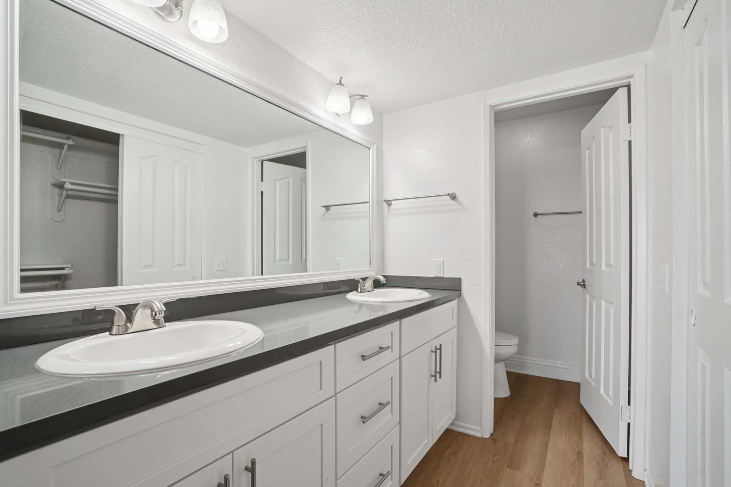 A modern bathroom featuring a double vanity with two sinks, a large mirror above, and white cabinetry. The countertops are dark, contrasting with the light-colored walls. A closet space is visible, and a partially open door shows a toilet area. The flooring is light wood.
