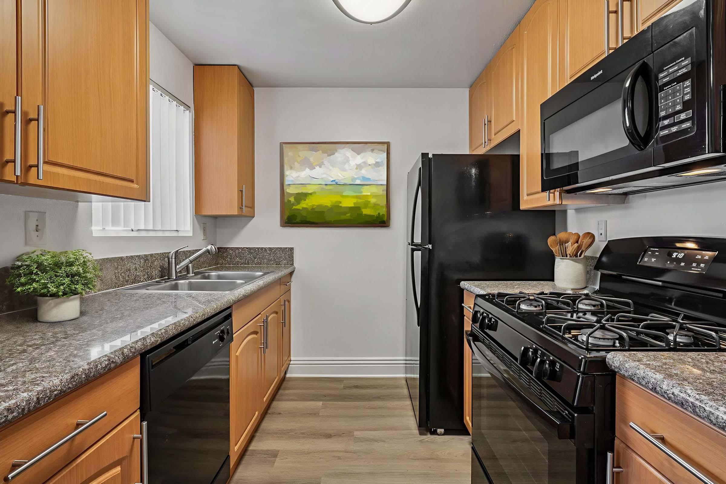 Modern kitchen featuring wooden cabinetry, a double sink, granite countertops, and stainless steel appliances, including a microwave and gas range. A window lets in natural light, and a framed painting of green fields adorns the wall. The floor is light-colored, enhancing the bright and inviting atmosphere.