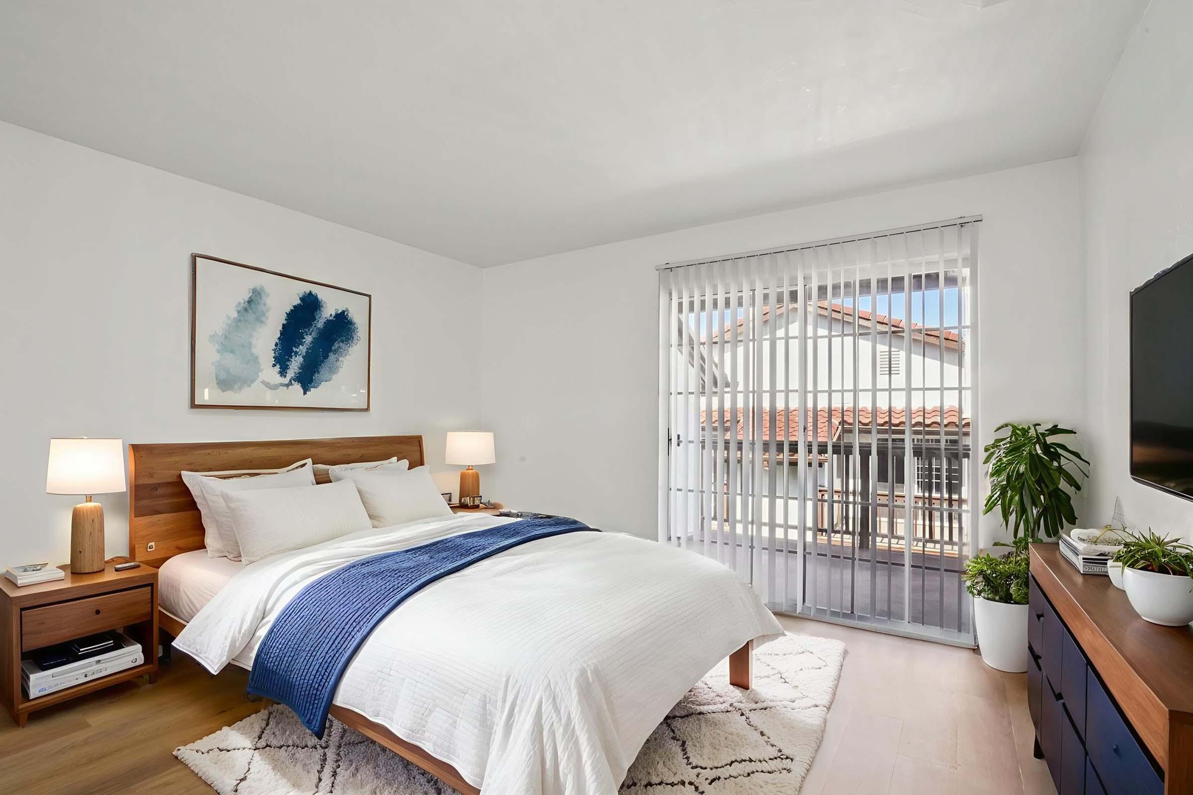 A modern bedroom featuring a double bed with white bedding and a navy blue throw blanket. There's a wooden nightstand with a lamp on each side, a large window with vertical blinds, and a potted plant. A piece of artwork with blue watercolor accents is displayed above the bed, and a wall-mounted TV is visible.