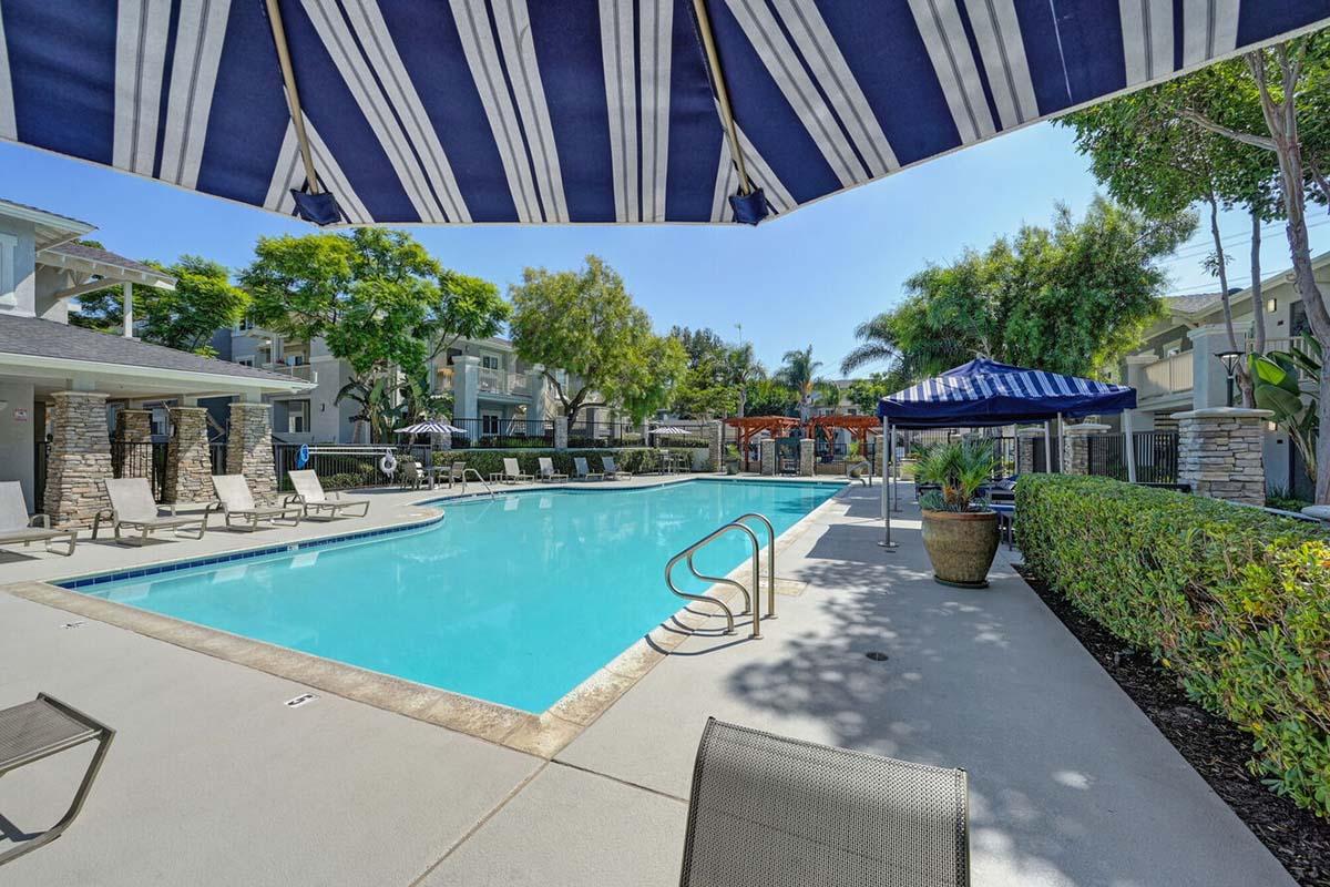 A clear blue swimming pool surrounded by lounge chairs and lush greenery. Umbrellas provide shade, and nearby trees add to the serene atmosphere of the pool area in a well-maintained residential complex. The sky is bright and clear, enhancing the inviting feel of the space.