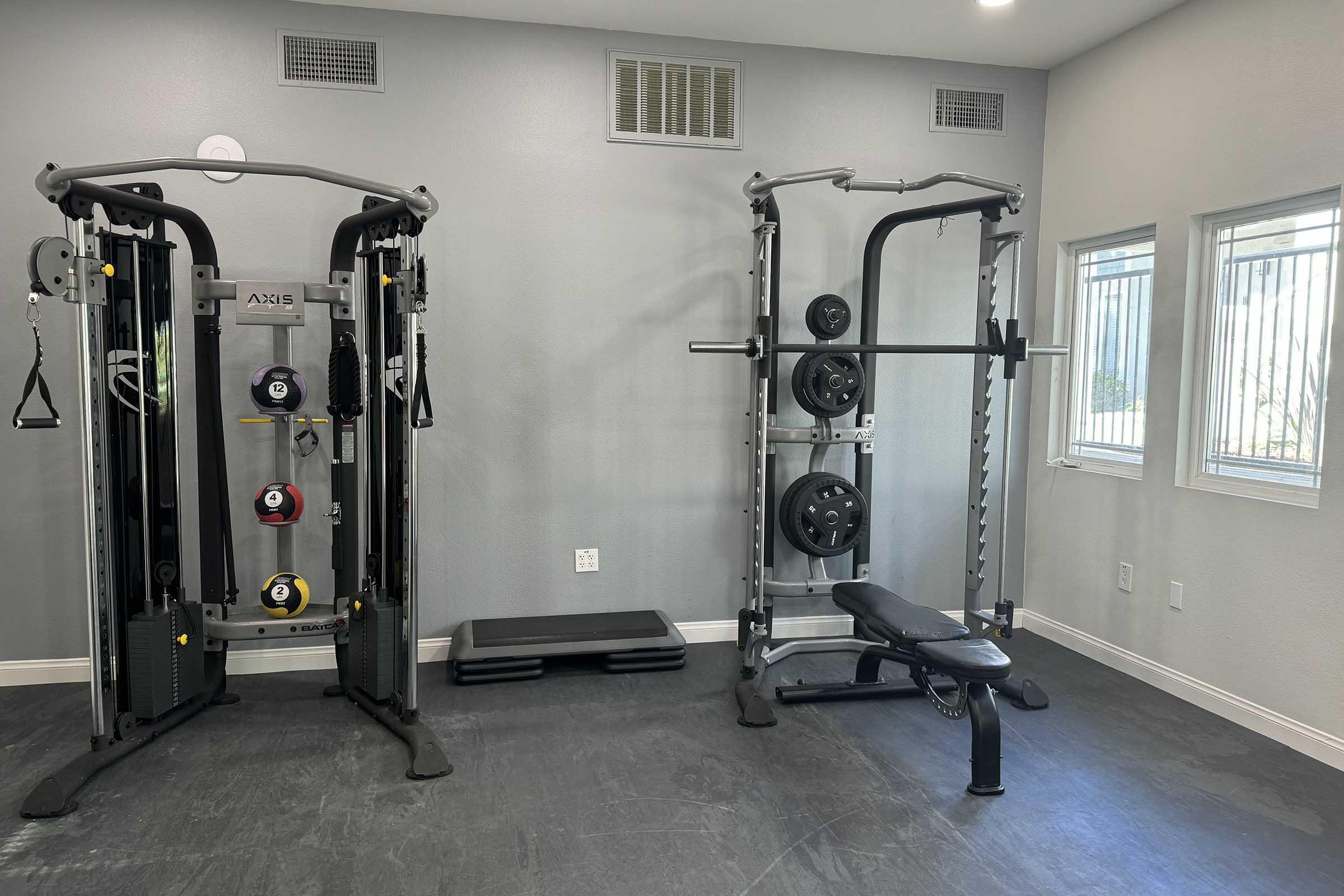 A small home gym featuring a cable machine on the left with various weight attachments and a Smith machine on the right with a bench. The walls are painted light gray, and there are windows allowing natural light into the space. The floor is gray, and the room appears well-lit and clean.