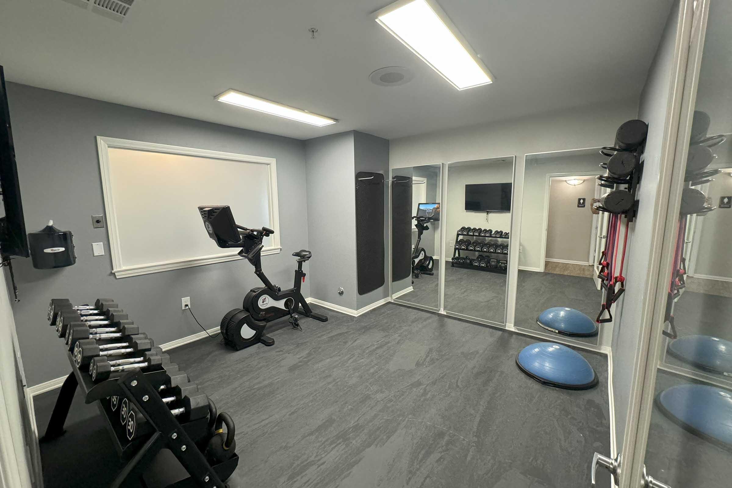 A modern home fitness room featuring a stationary bike, exercise mirrors, free weights, and stability balls. The walls are painted in a light gray, and there's ample lighting from overhead fixtures. Equipment is organized neatly, creating a motivational workout space.