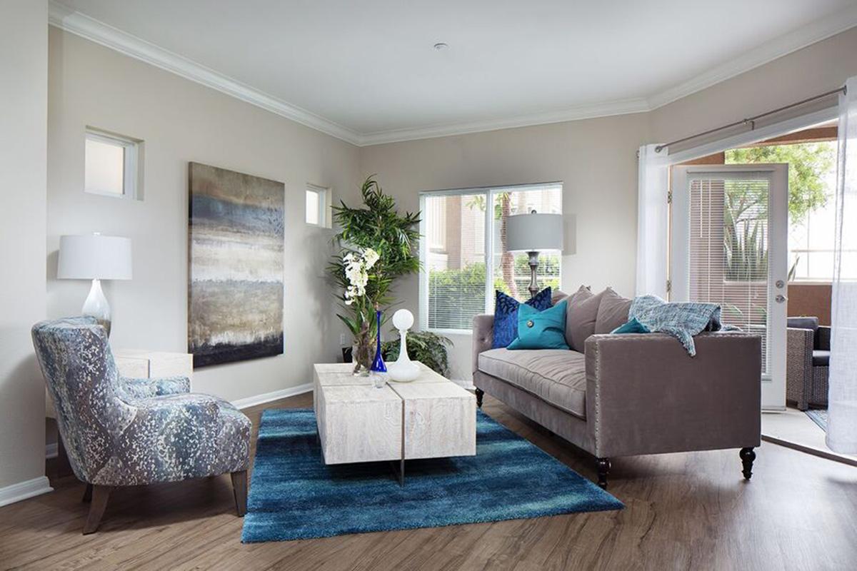 A modern living room featuring a plush gray sofa with colorful pillows, a stylish coffee table, and an accent chair with a unique pattern. The space is illuminated by natural light streaming through large windows, and a decorative plant adds a touch of greenery. A blue area rug ties the room together.
