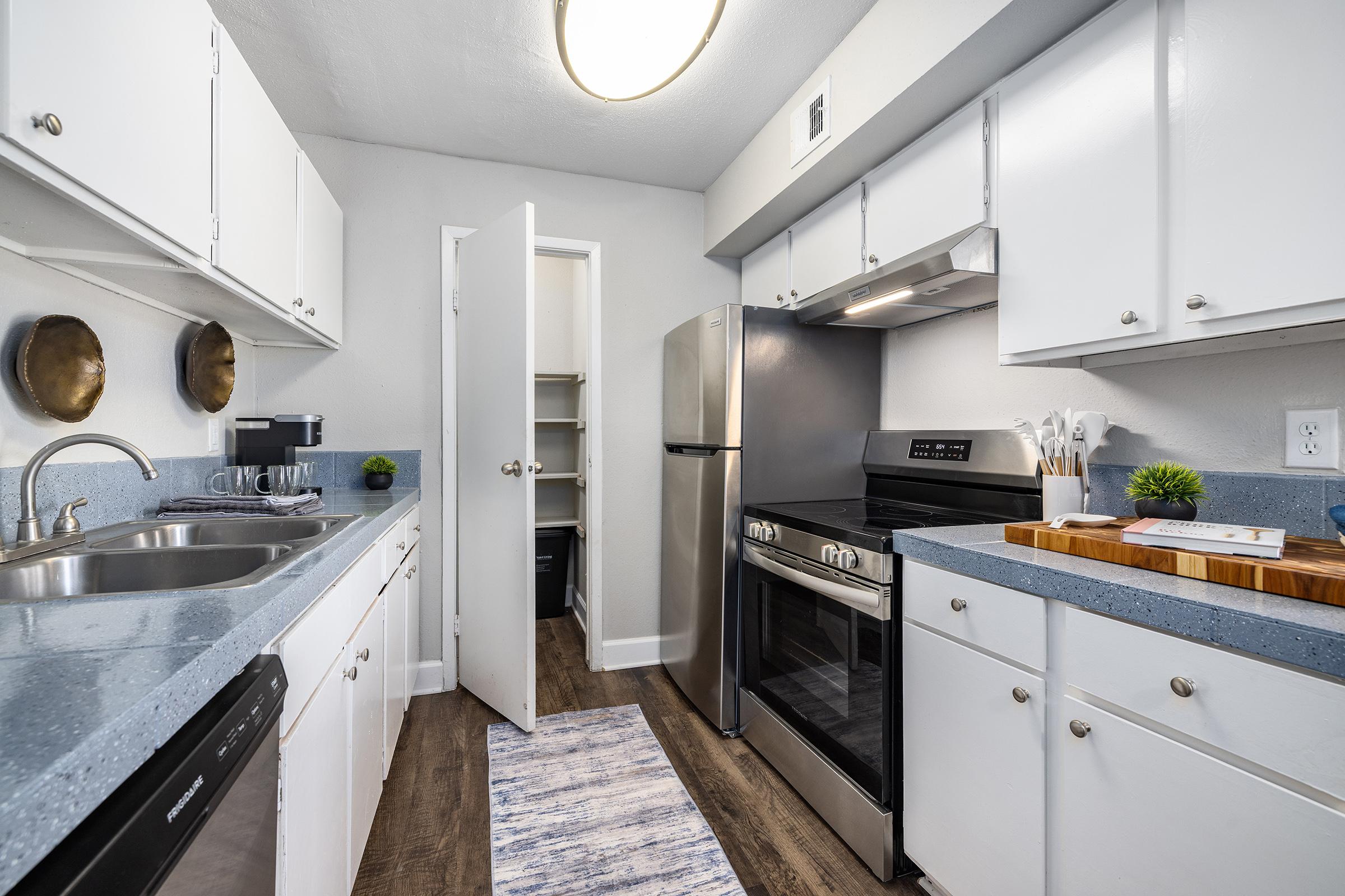 A modern kitchen featuring white cabinets, stainless steel appliances, and a gray countertop. There is a double sink, a stove, and an open pantry door. The floor is wood-like, and a rug adds a touch of color. Decor includes small plants and kitchen utensils on a cutting board.