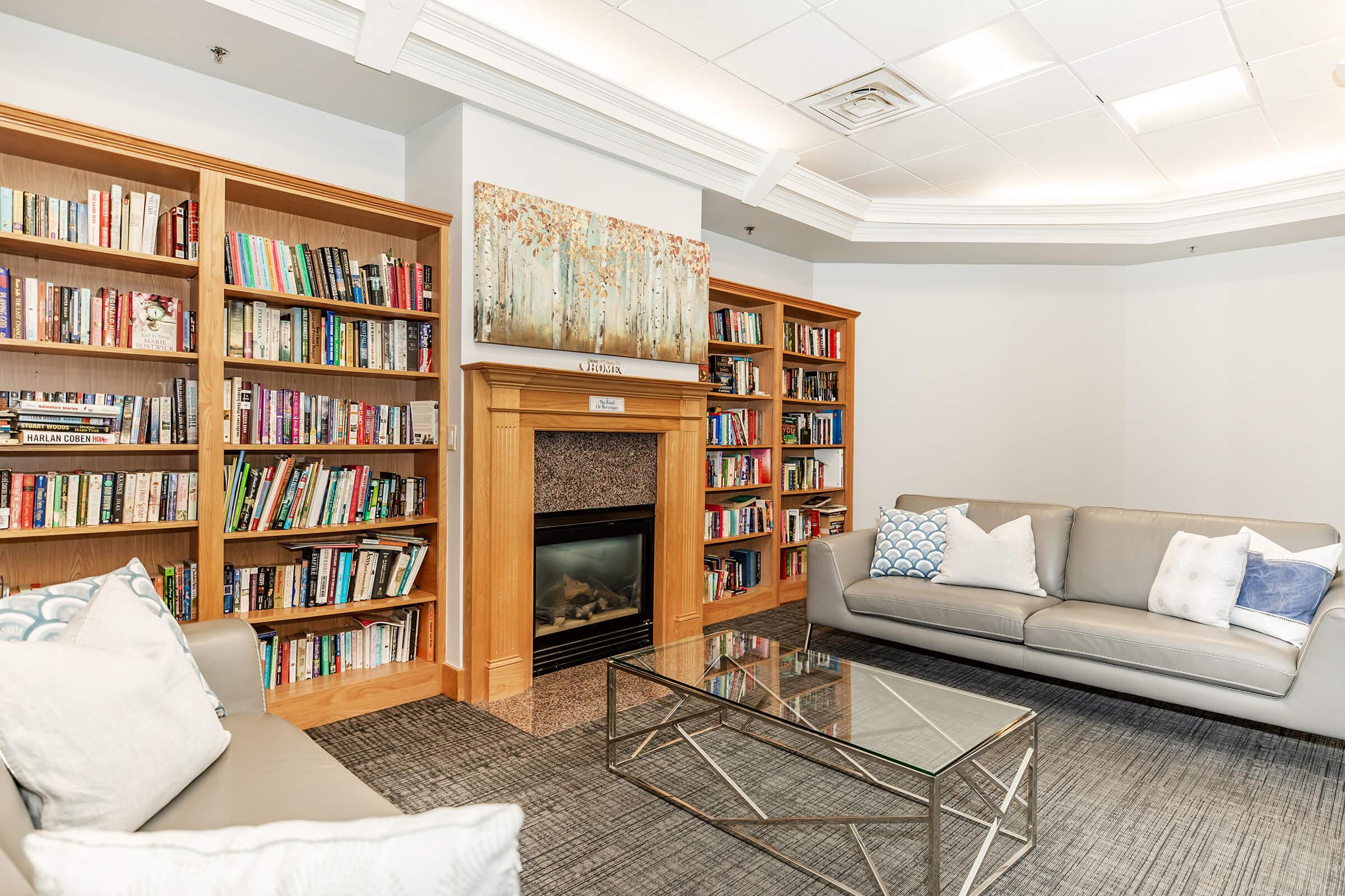 a living room filled with furniture and a book shelf