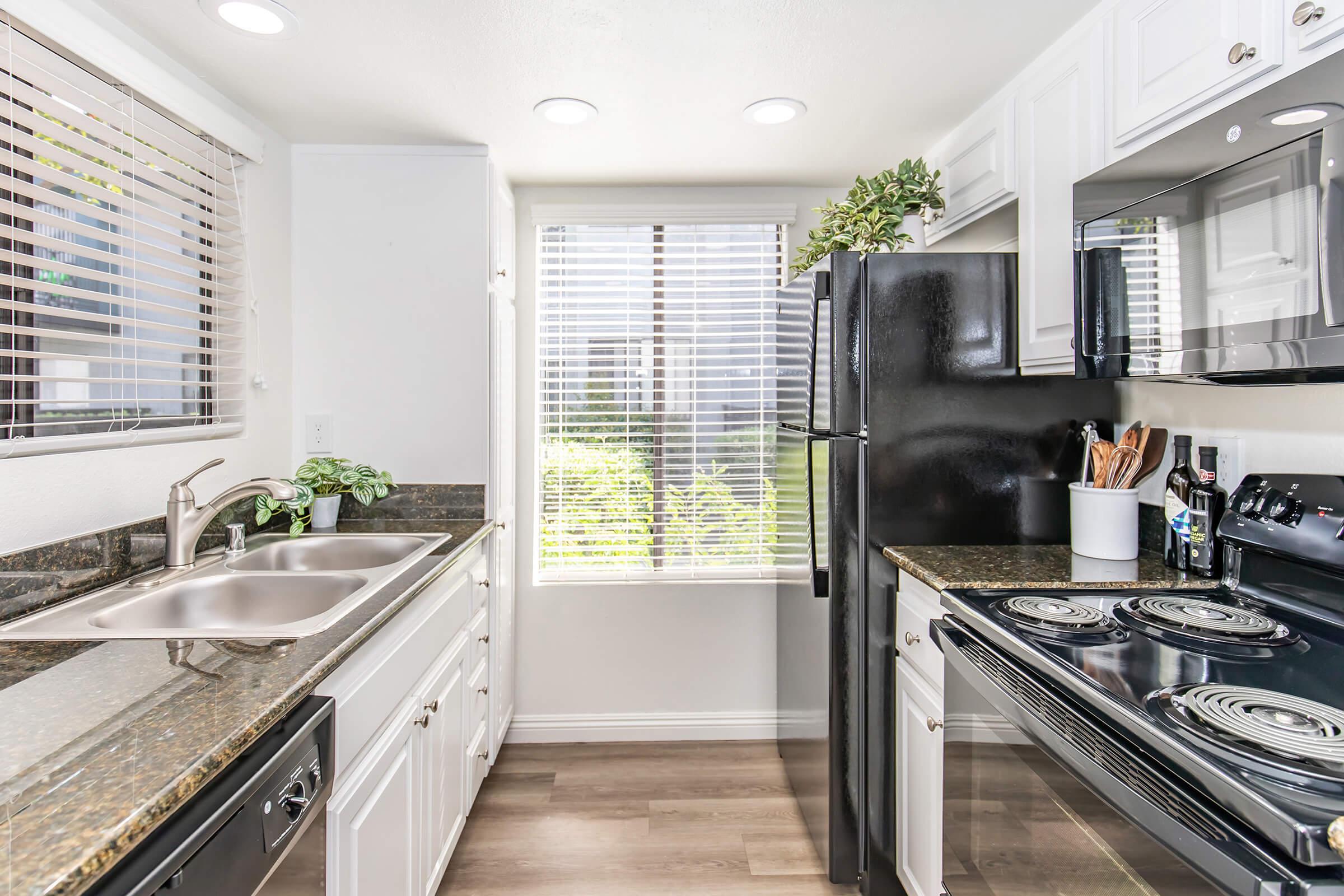 Modern kitchen with white cabinetry, black appliances, and a granite countertop. The sink is positioned near a window with blinds, allowing natural light to enter. A small plant decorates the countertop, and there are kitchen utensils in a holder by the stove. The flooring is a light wood finish.