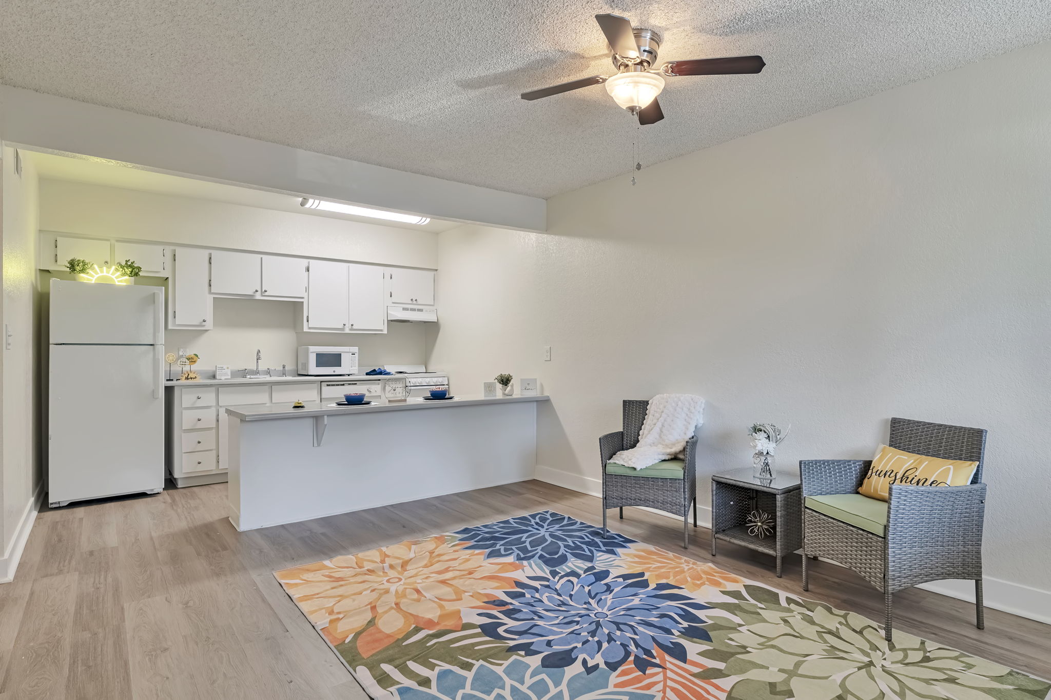 Bright and spacious living area with a modern kitchenette featuring a refrigerator, microwave, and stove. The room includes comfortable seating with two woven chairs, a decorative rug with colorful floral patterns, and a ceiling fan for added comfort. Light-colored walls enhance the airy atmosphere.