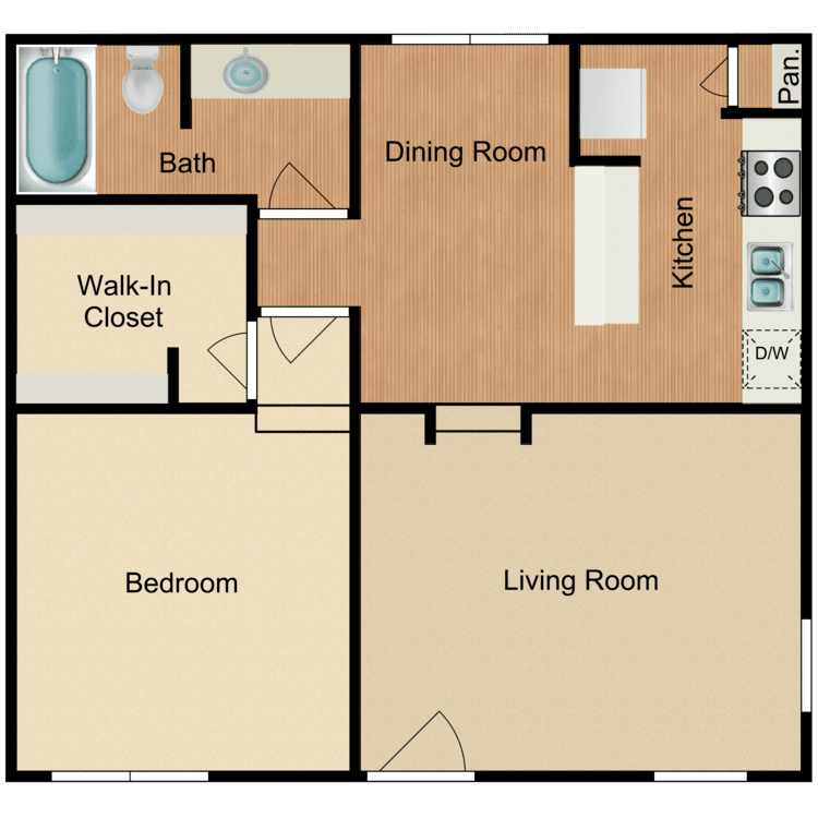 Plan 2, a 1 bedroom 1 bathroom floor plan.