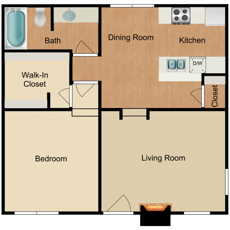 Plan 1, a 1 bedroom 1 bathroom floor plan.