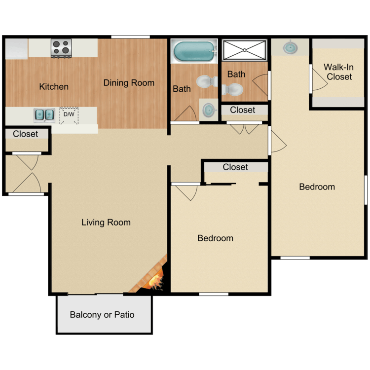 Plan 5, a 2 bedroom 2 bathroom floor plan.