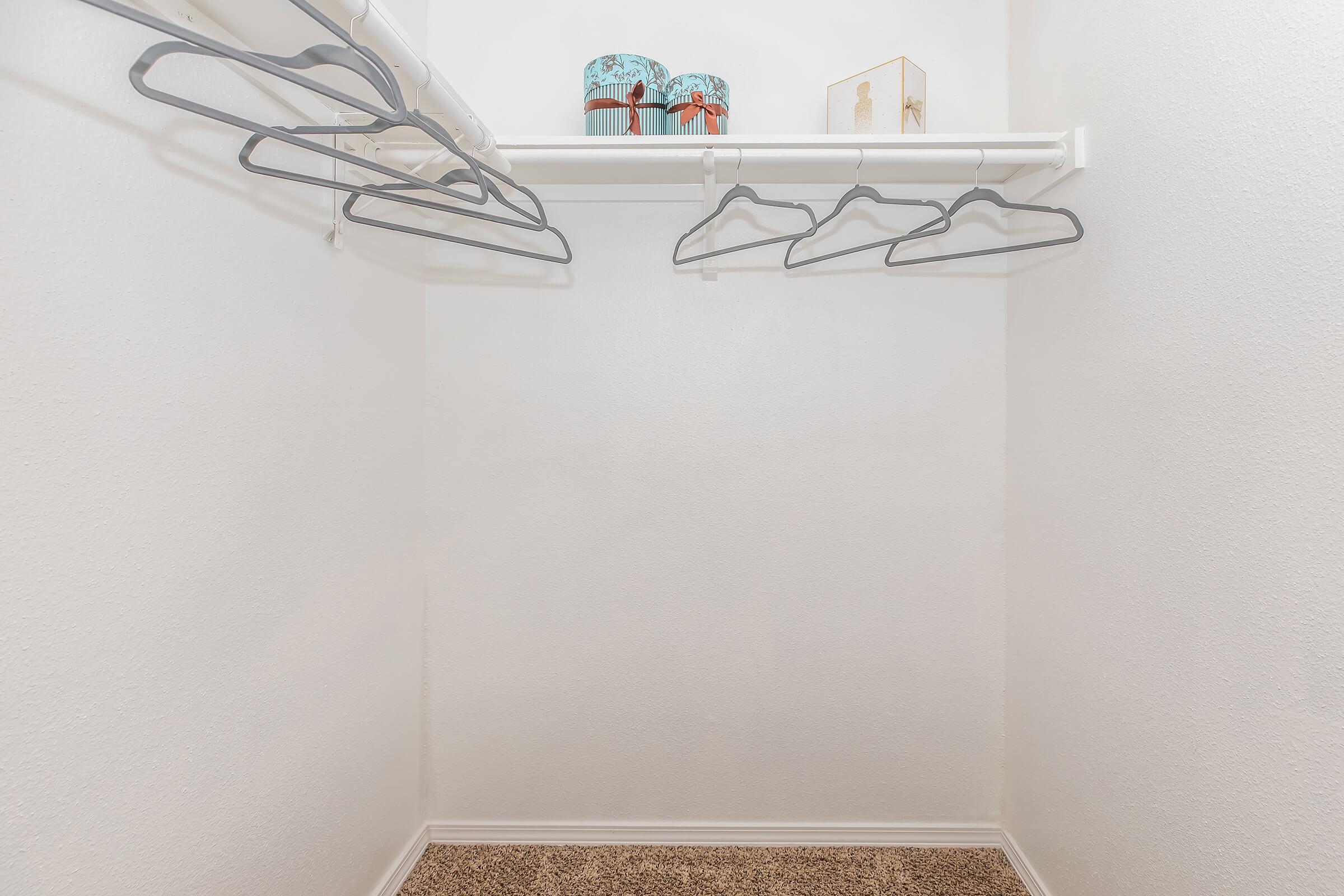 An empty closet with white walls and a carpeted floor. There are several gray hangers hanging on a rod, and two decorative storage boxes on a shelf, one blue with a pattern and one plain beige. The space appears clean and organized, ready for use.