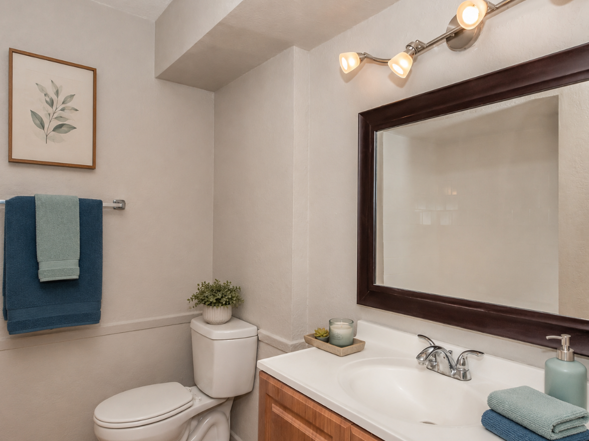 A well-lit bathroom featuring a white toilet, a double sink vanity with a wooden cabinet, and a large mirror. The walls are painted a soft gray, and decor includes two blue towels on a rack, a framed botanical print, a small plant, and candles on the sink area.
