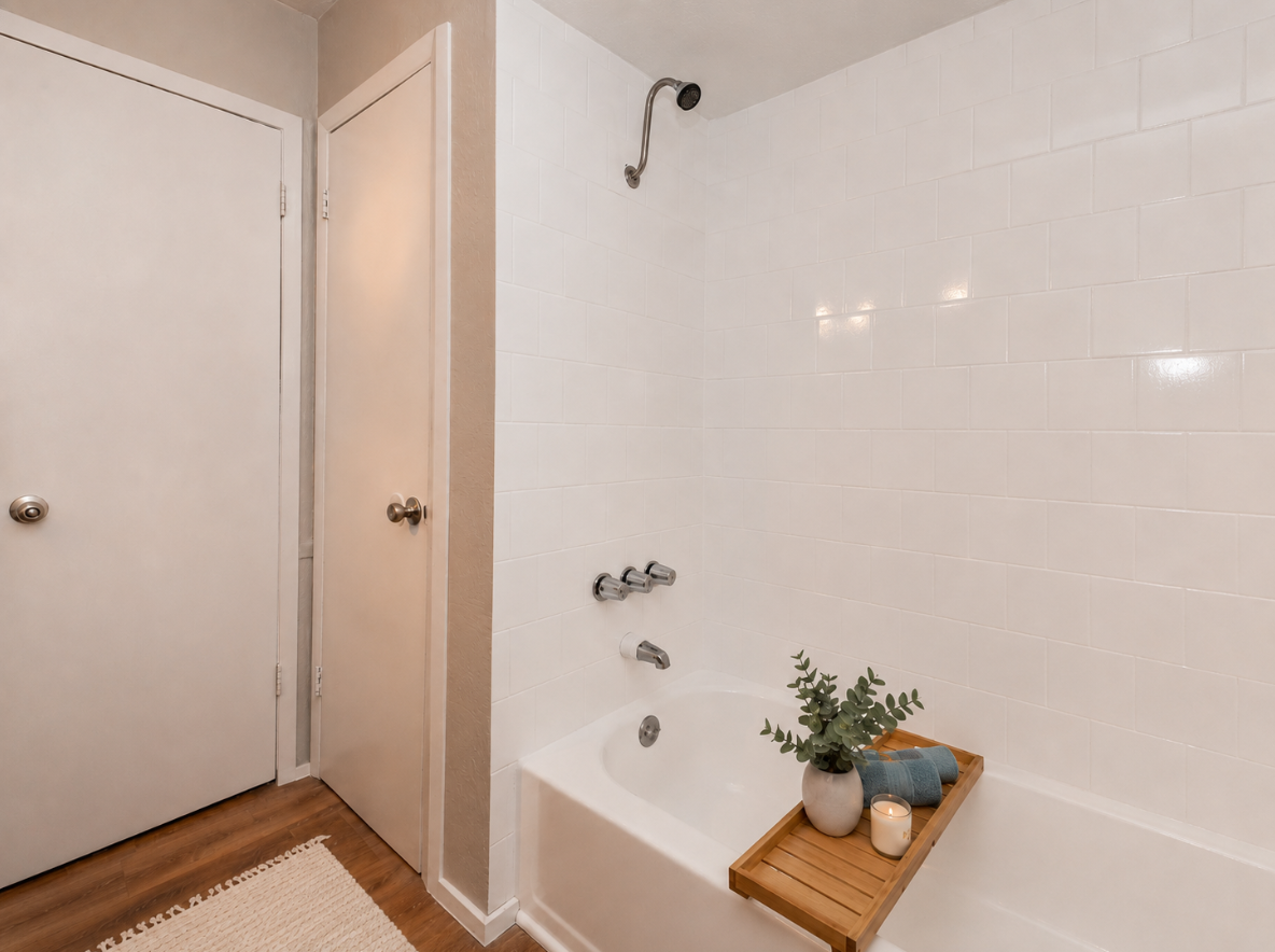 A modern bathroom featuring a bathtub with a wooden tray holding a small plant and a candle. The walls are adorned with white tiles, and there is a showerhead above. A closed door is visible on the left, and the floor has light wooden planks with a textured rug. Soft lighting adds a warm ambiance.