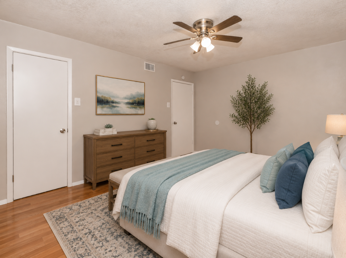 A cozy bedroom with a neatly made bed featuring light-colored bedding and decorative pillows. A wooden dresser stands against the wall, and a painting is hung above it. There's a small potted tree in the corner, and the room has a light, neutral color scheme with hardwood floors and a ceiling fan.
