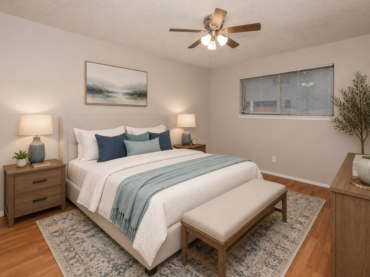 A cozy bedroom featuring a comfortable bed with white linens and blue accent pillows, a stylish bench at the foot of the bed, wooden nightstands with lamps, a decorative painting above the bed, and a small tree in the corner. Natural light streams in through a window.
