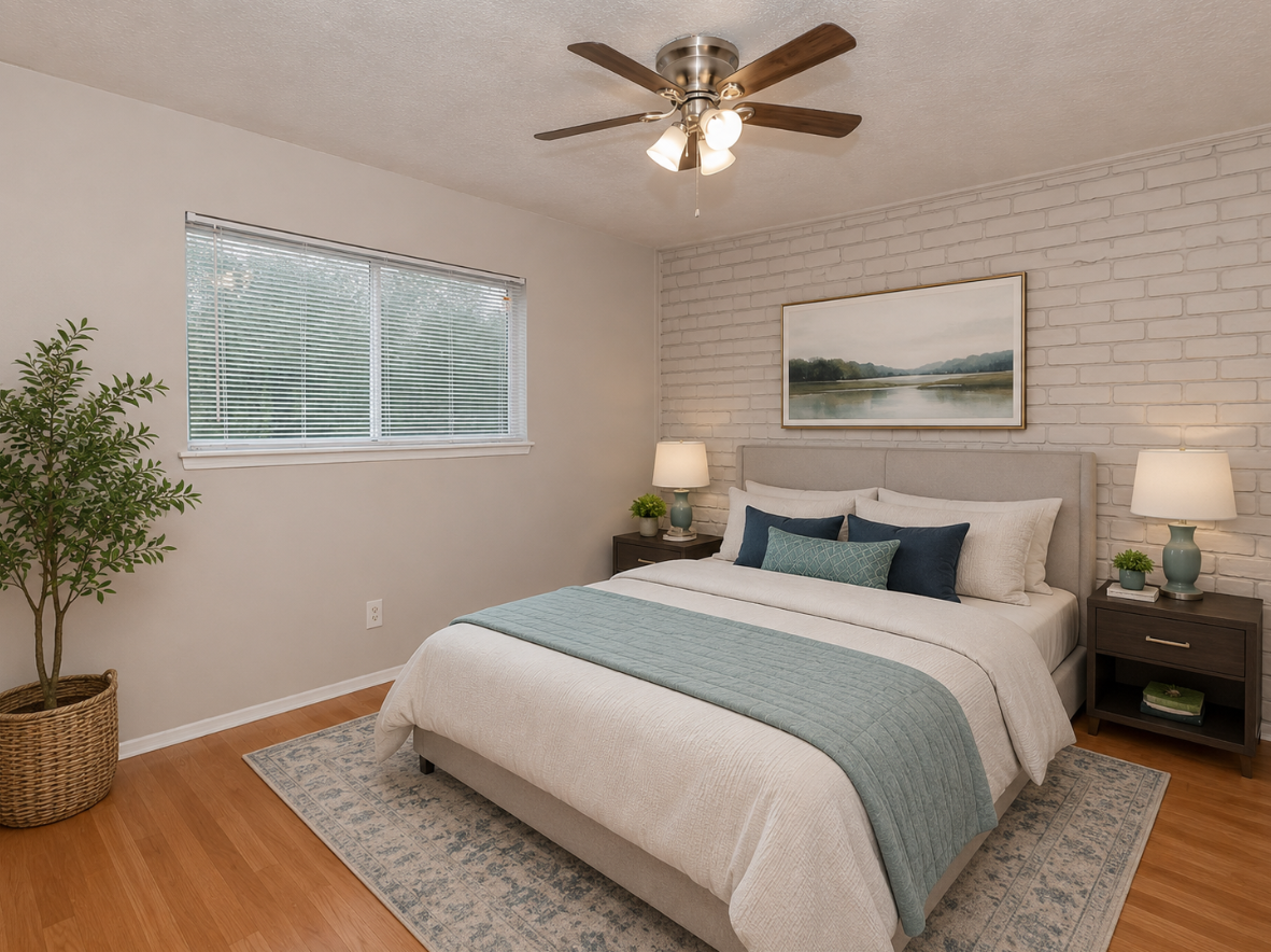 A cozy bedroom featuring a queen-sized bed with light gray bedding and blue accents. The room has a subtle brick accent wall, a ceiling fan with light, two bedside tables with lamps, and a framed landscape painting above the bed. A potted plant adds a touch of greenery, while natural light streams through a window.