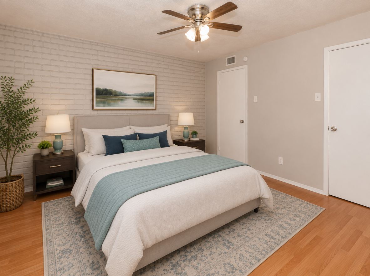 A cozy bedroom featuring a queen-sized bed with light beige bedding and a teal accent blanket. It has two bedside lamps on wooden nightstands, a decorative plant in a woven basket, a textured wall with artwork above the bed, and a light-colored area rug on wooden flooring. A ceiling fan provides ventilation.