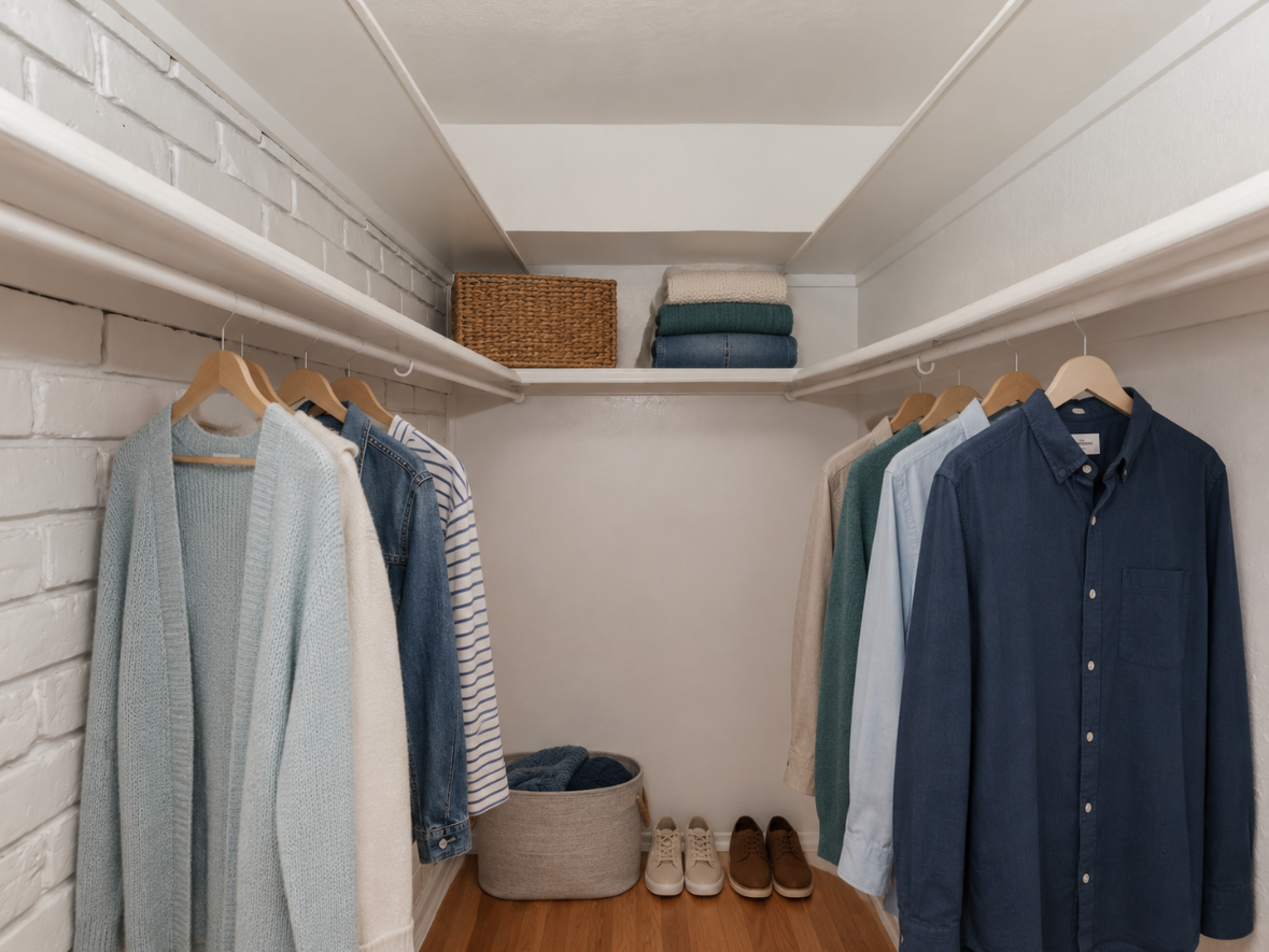 A neatly organized closet with white brick walls, featuring two shelves. The upper shelf holds a woven basket and stacked towels, while the lower shelf has a round fabric bin and neatly arranged shoes. Clothing items, including sweaters and shirts in various shades of blue and cream, hang from wooden hangers.