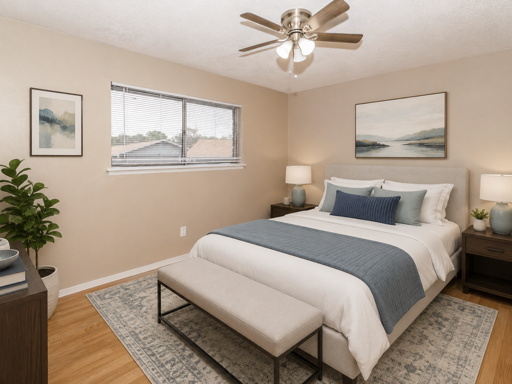 A well-decorated bedroom featuring a large bed with a light comforter and blue accent pillows. There are two bedside tables with lamps on either side, a bench at the foot of the bed, and a window with blinds allowing natural light in. A minimalist painting and a potted plant add to the decor.