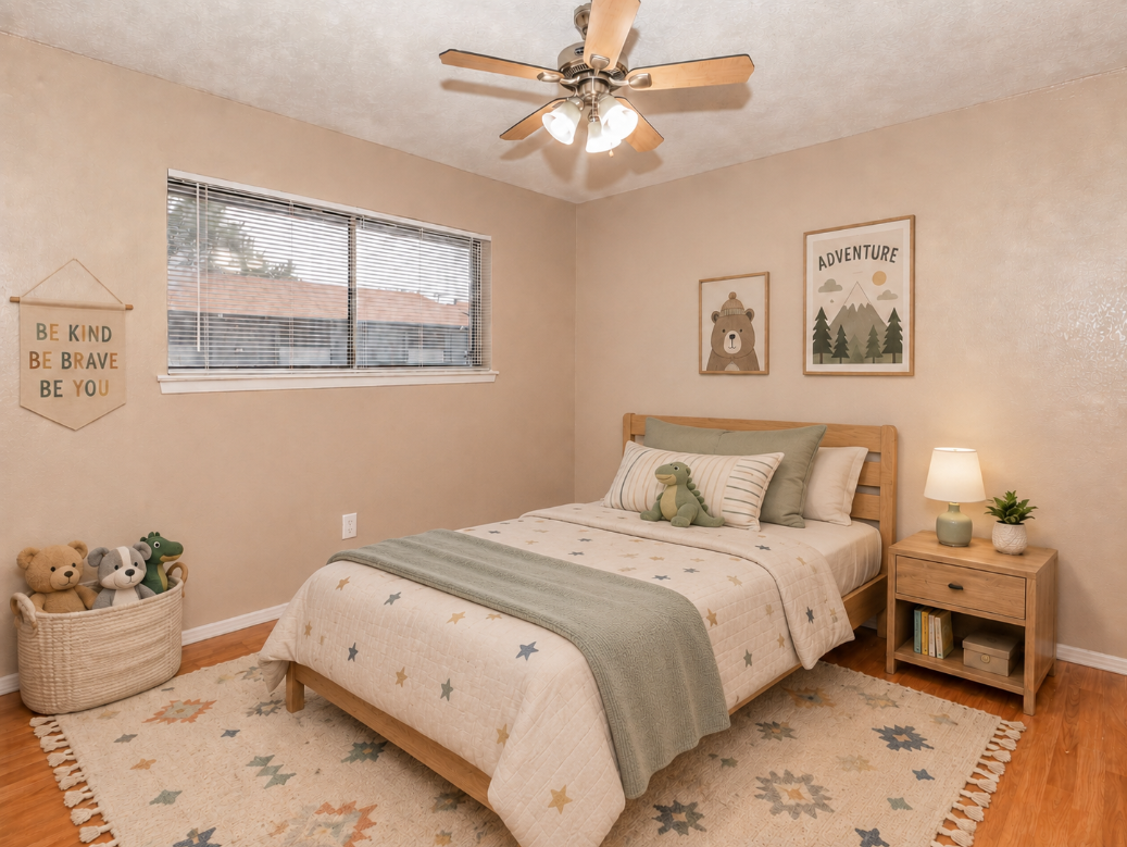 A cozy bedroom featuring a light brown wall color, a wooden bed with a patterned quilt and pillows, a bedside table with a lamp, and a small decorative animal. The room includes a rug with a star pattern, a window allowing natural light, and wall art with nature-themed designs and an inspiring message.