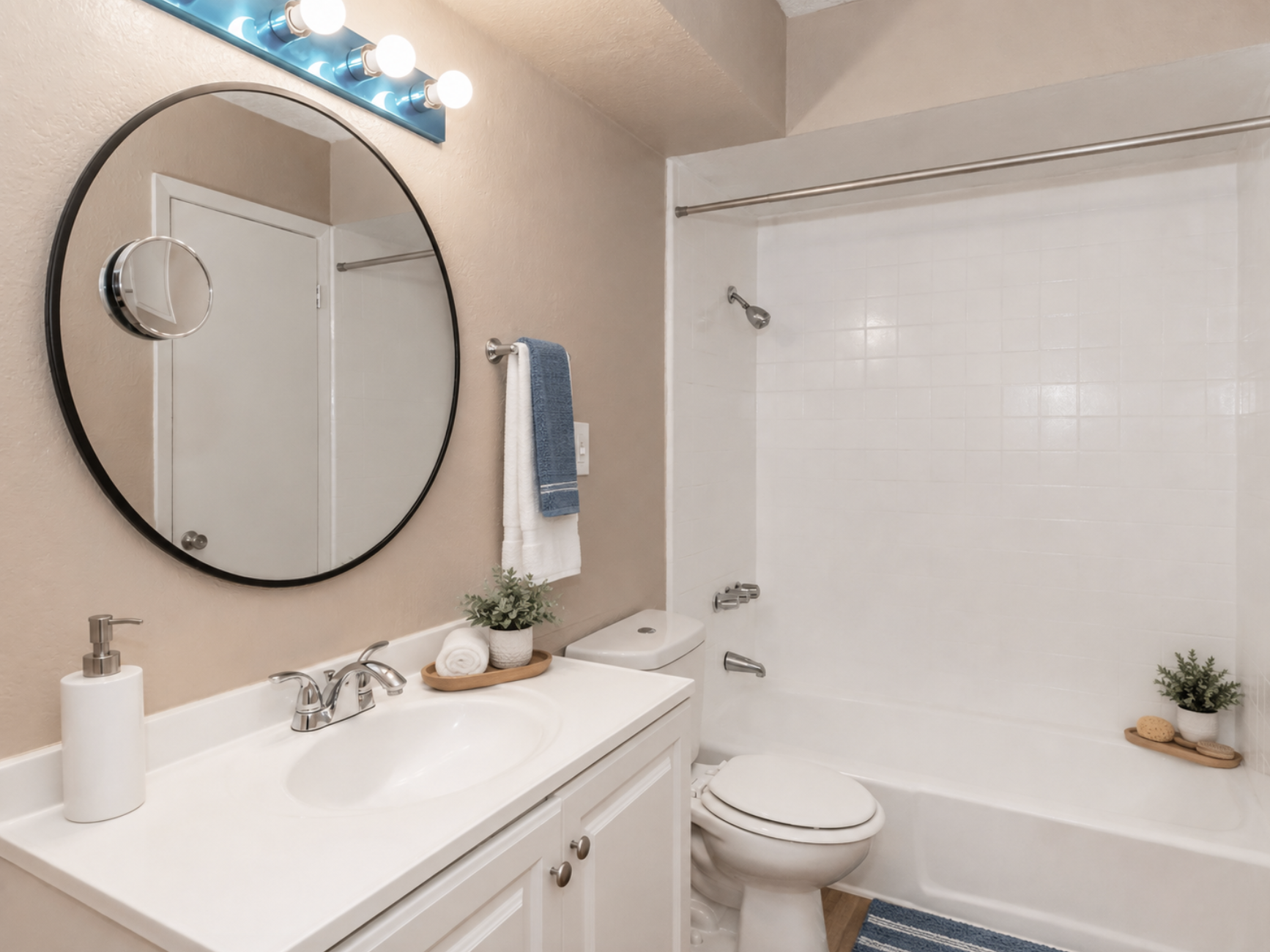 A modern bathroom featuring a round mirror above a white sink with faucet, a clean bathtub with a shower curtain, and light beige walls. The space has a blue towel hanging on a white rail, decorative plants on the countertop, and a striped rug on the floor, creating a fresh and inviting atmosphere.