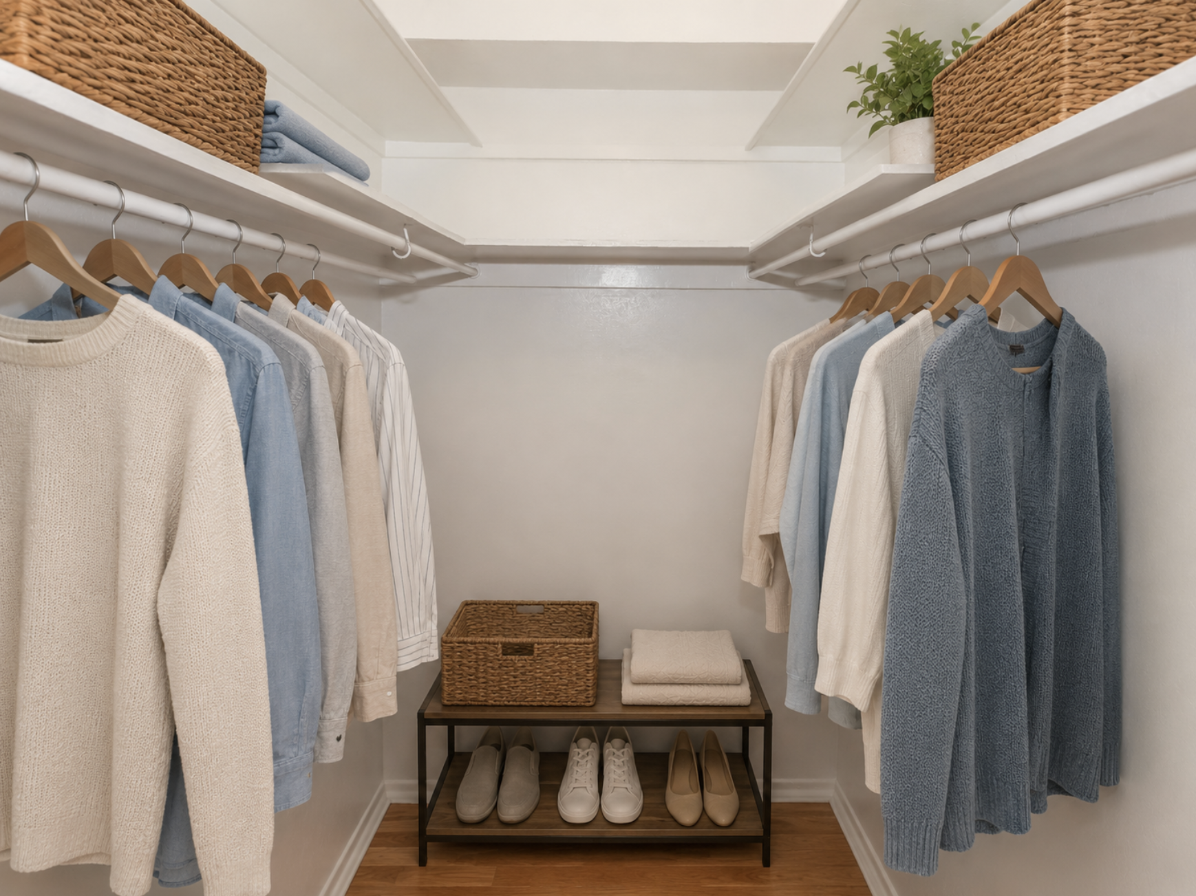 A well-organized closet featuring a variety of light-colored sweaters hanging on hangers, with neatly arranged shoes on a shelf below. A woven basket and folded towels are placed on a small black shelf, and there are additional shelves above holding blue towels. The walls are painted white, creating a clean and bright appearance.