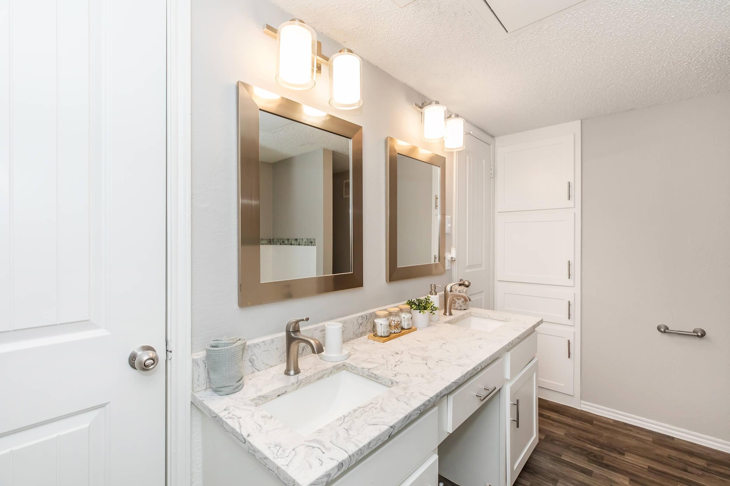 a double sink and large mirror