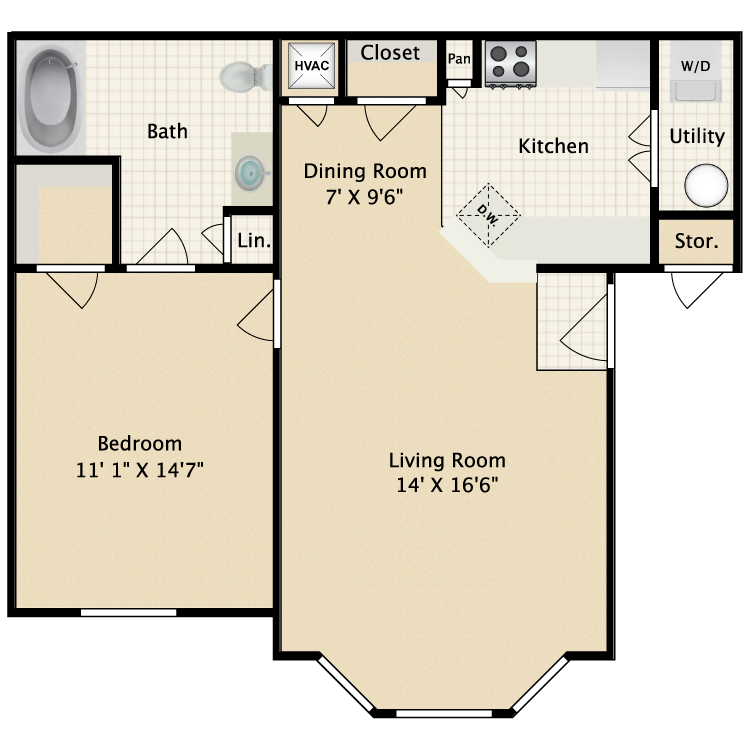Floor plan image of 1 Bed 1 Bath