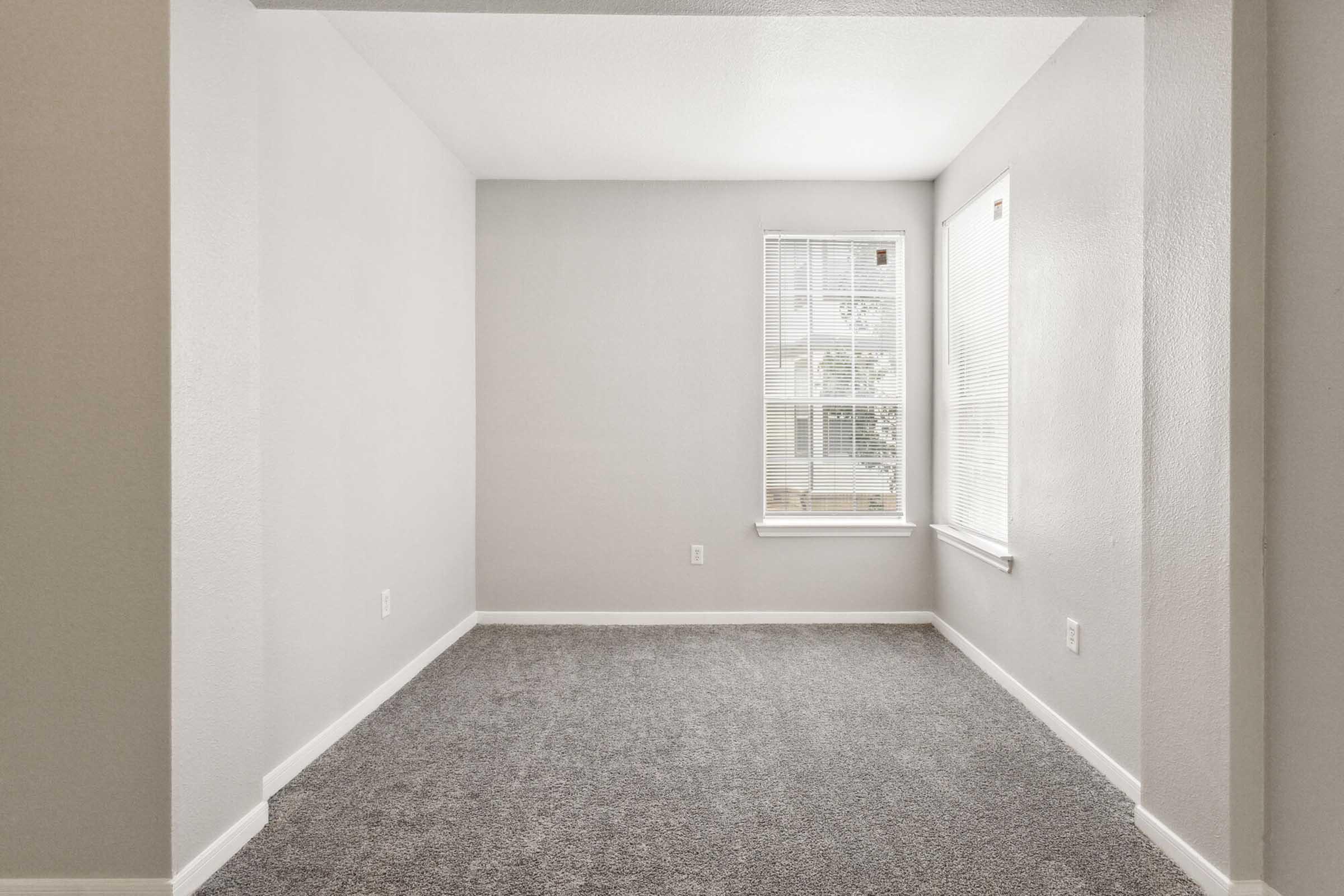 A light-filled, empty room with gray walls and a carpeted floor. Two windows allow natural light to enter, and the space features neutral decor.