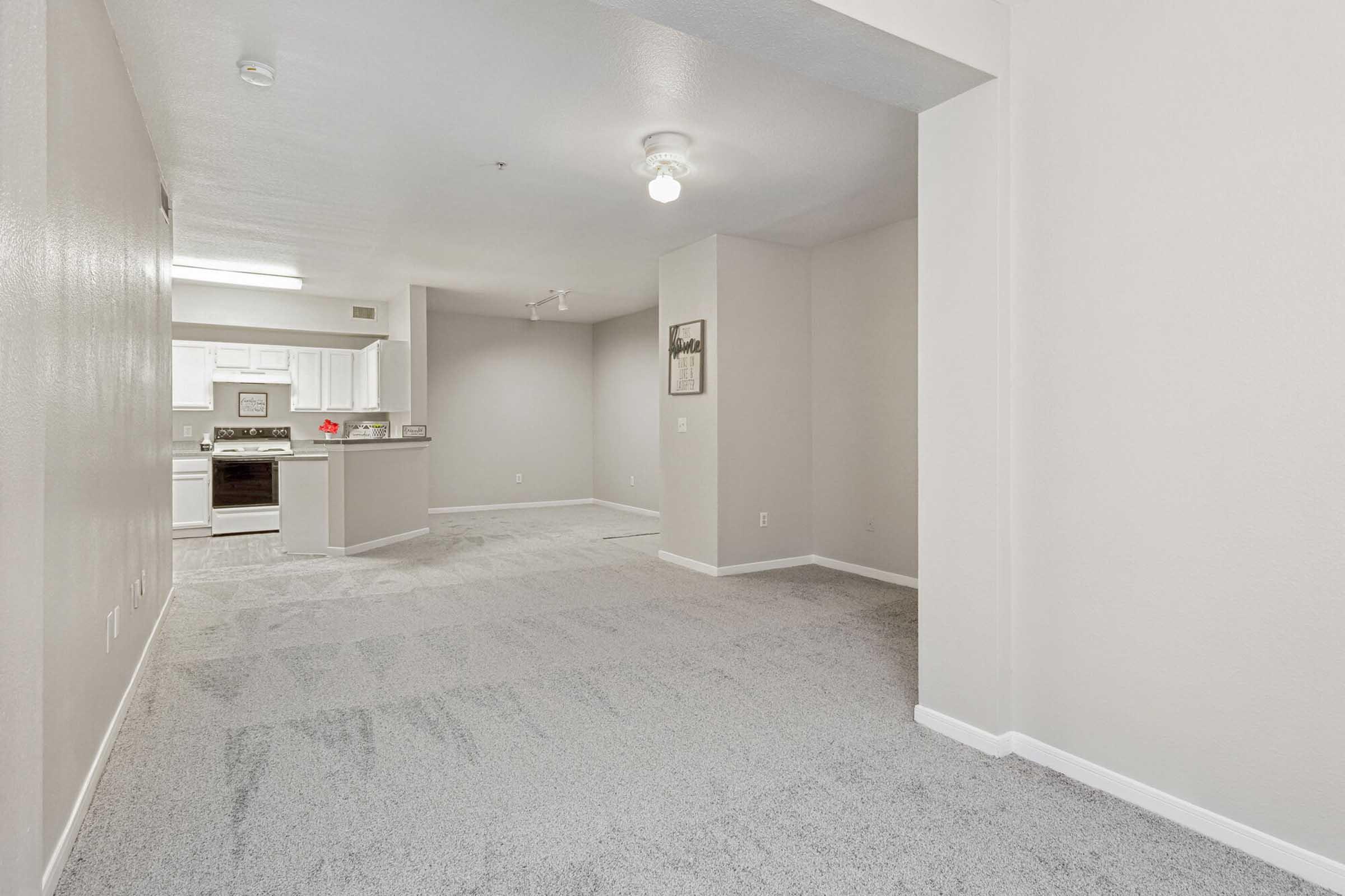 A spacious, lightly colored living area with freshly carpeted floors. The room features a ceiling light and opens into a modern kitchen visible in the background. The walls are painted in neutral tones, creating a bright and welcoming atmosphere.