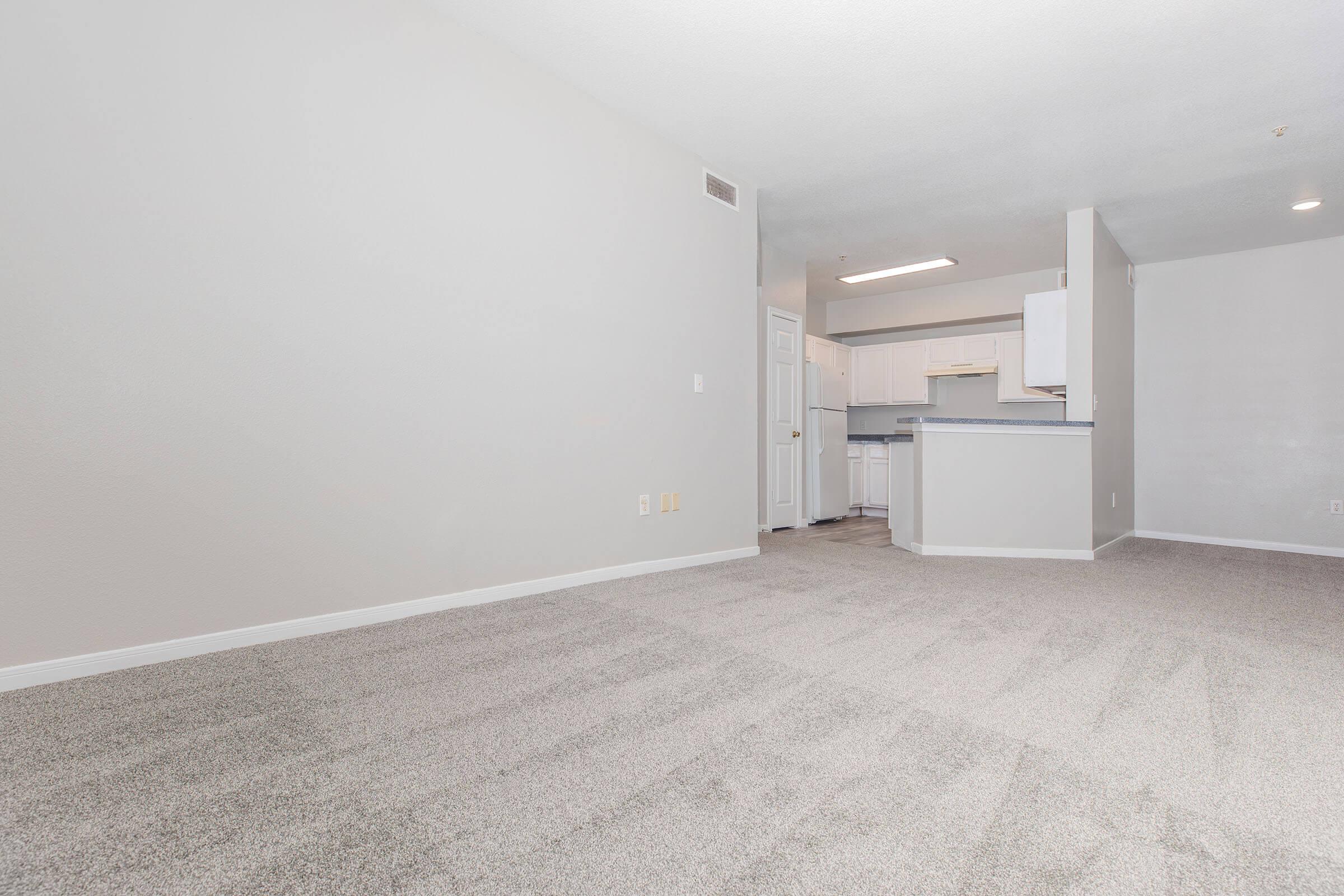 Spacious room with light gray walls and freshly carpeted floor, open layout leading to a kitchen area with white cabinetry. Natural light illuminates the space, creating a clean and modern atmosphere, ideal for decorating and furnishing.
