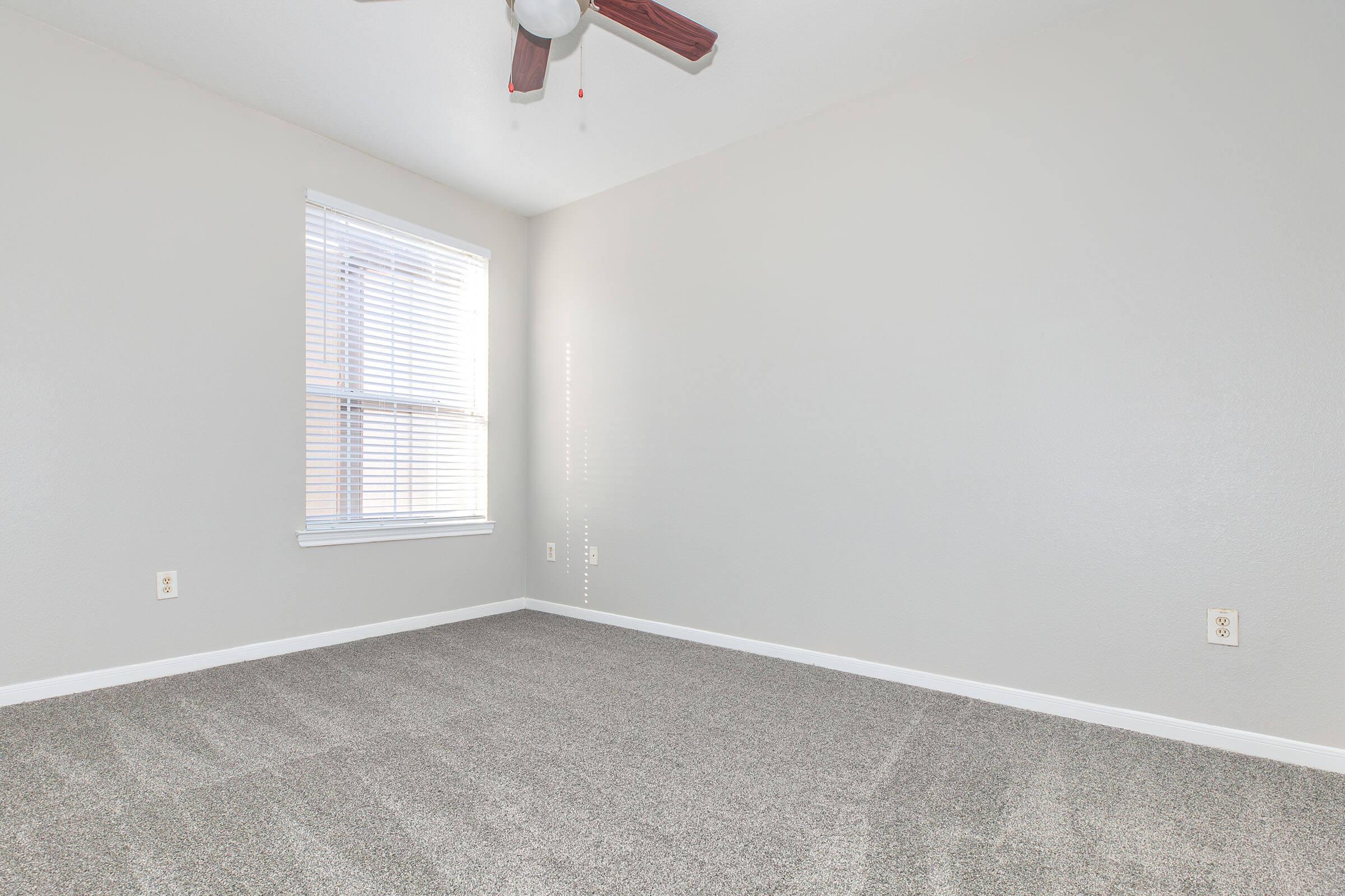 A sparsely furnished room with light gray walls and a ceiling fan. The floor is covered in plush, light gray carpet. There is a single window with white blinds allowing natural light to enter, casting subtle shadows on the wall. The room is empty and appears clean and tidy.