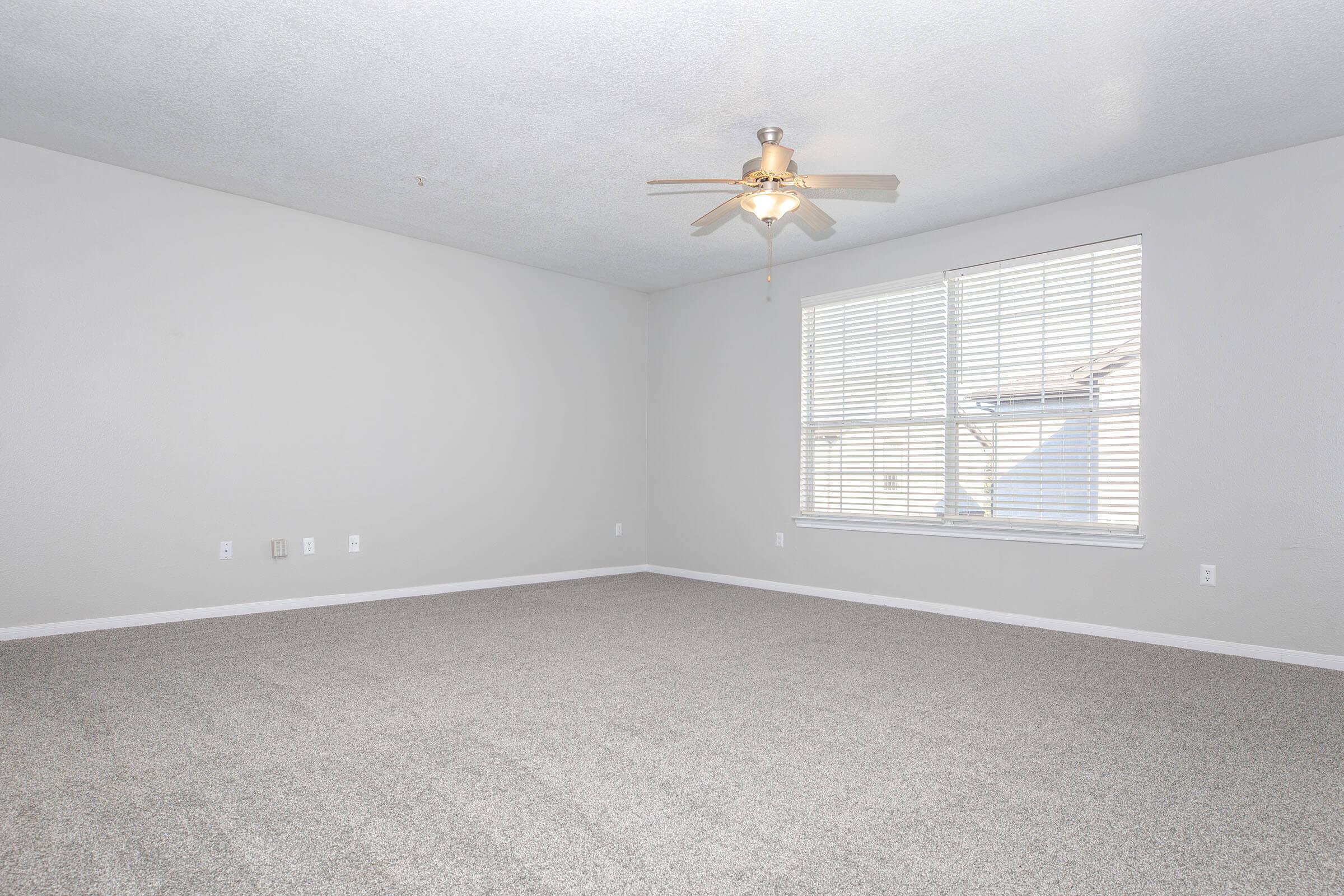 A spacious, empty room with light gray walls and carpet. A ceiling fan is mounted in the center, and a window with white blinds allows natural light to enter, illuminating the area. The floor is bare with no furniture or decorations, creating a minimalist and open atmosphere.