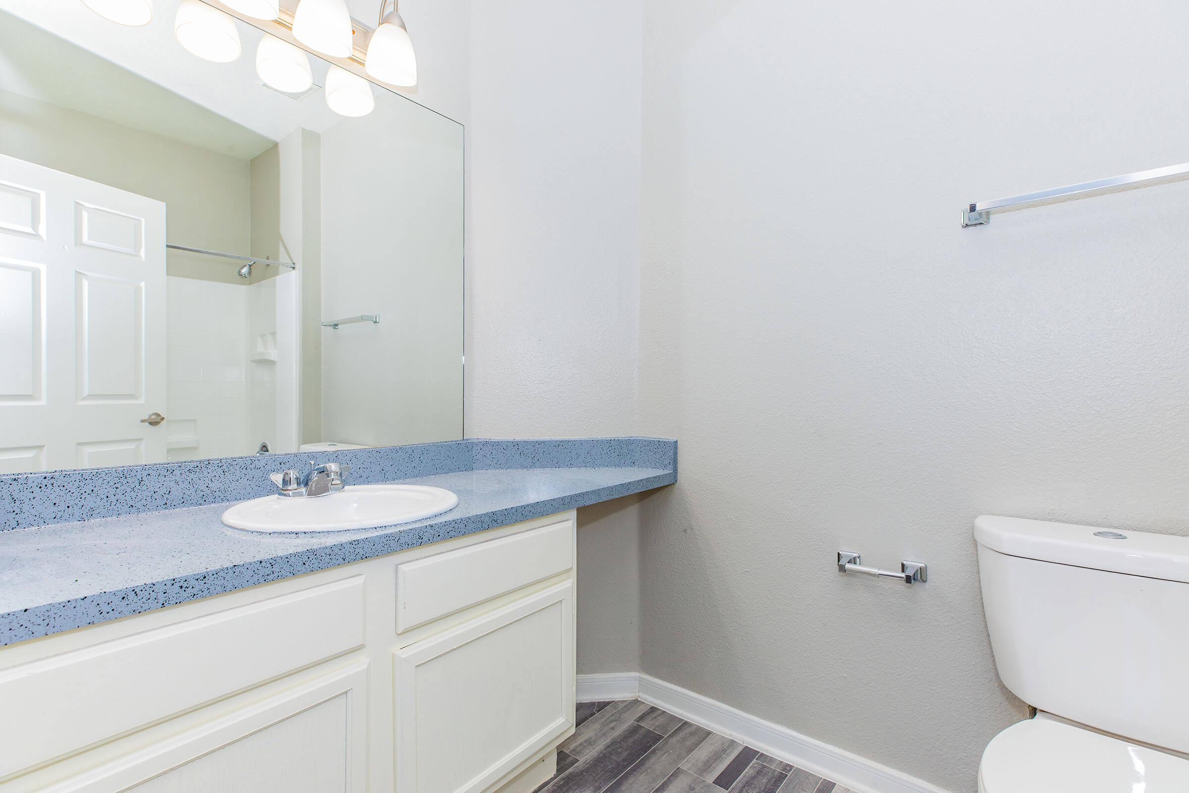 A clean, modern bathroom featuring a light-colored countertop with a sink, a large mirror, and a toilet. The walls are painted in a neutral tone, and there's a shower visible in the background. The flooring is wood-like, adding warmth to the space.