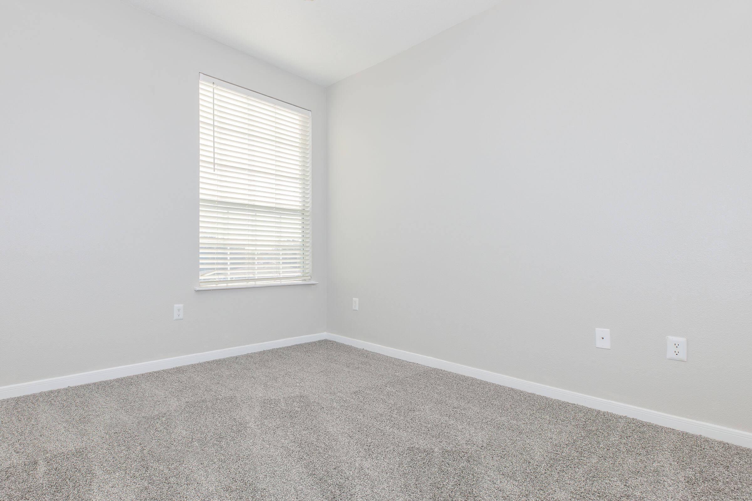 A vacant room with light gray walls and carpet. It features a window with blinds allowing natural light to enter, illuminating the empty space. No furniture or decorations are present, emphasizing the room's simplicity and potential for use.