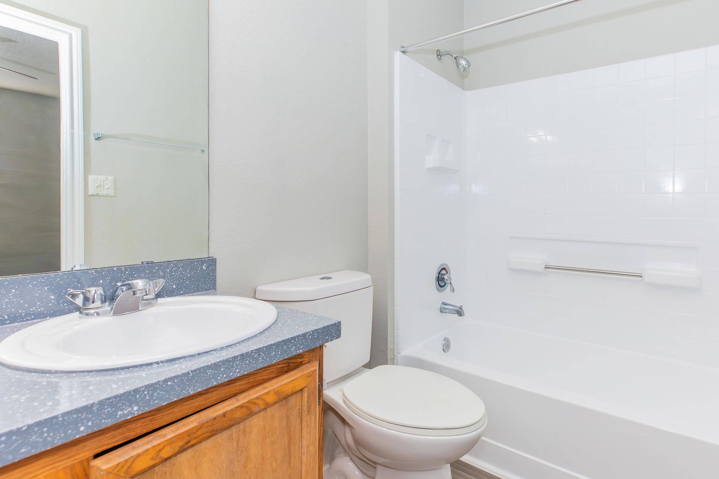 A clean, modern bathroom featuring a white bathtub with a shower, a toilet, and a sink with a mirror above it. The walls are light gray, and the floor has a wooden look. The countertop is dark with a smooth texture. The space is well-lit and tidy.