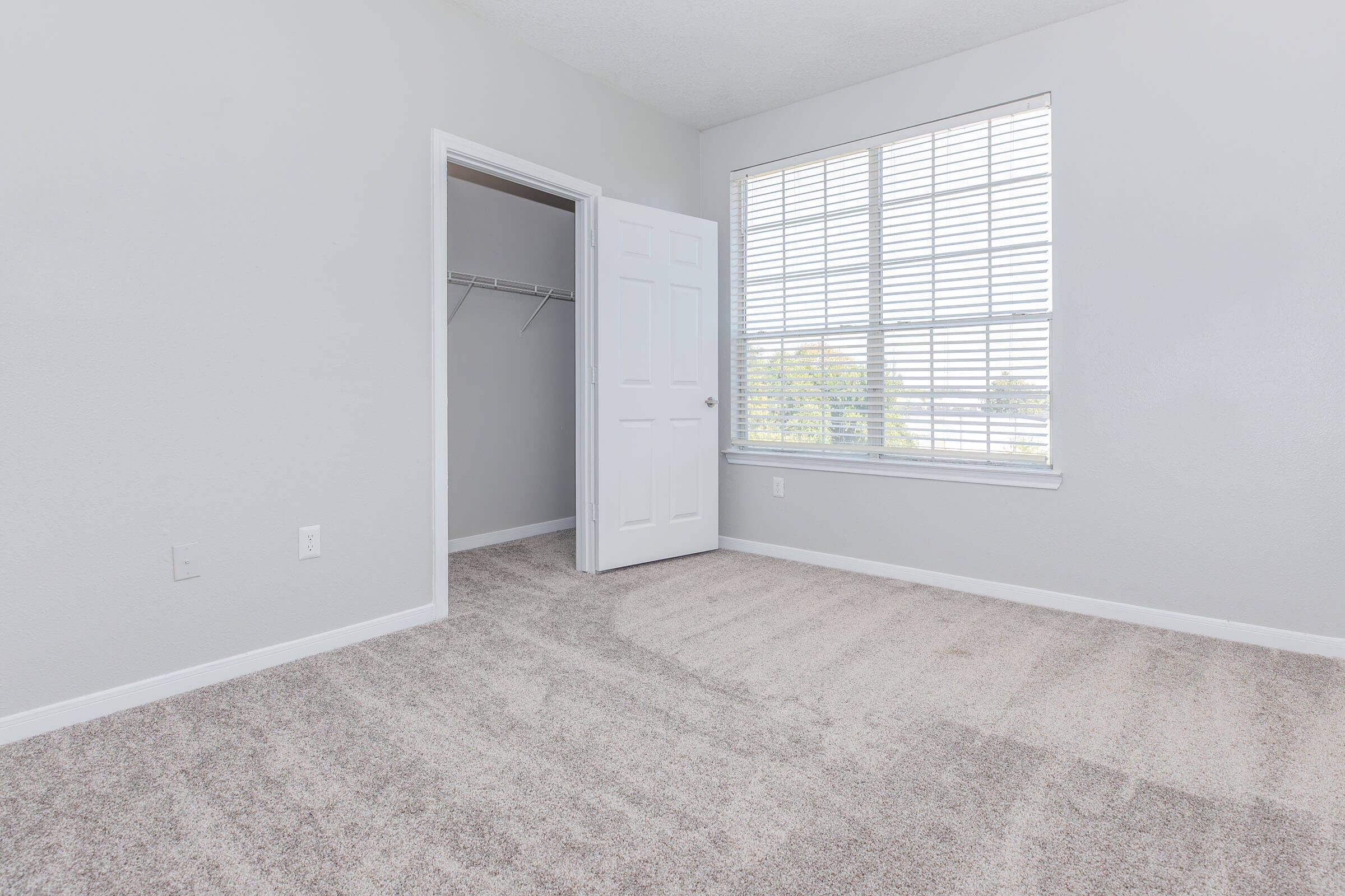 A clean, empty room featuring light gray walls and a light-colored carpet. The room has a large window with blinds allowing natural light in, and a white door leading to a closet. The space looks bright and minimalistic, ideal for various uses.