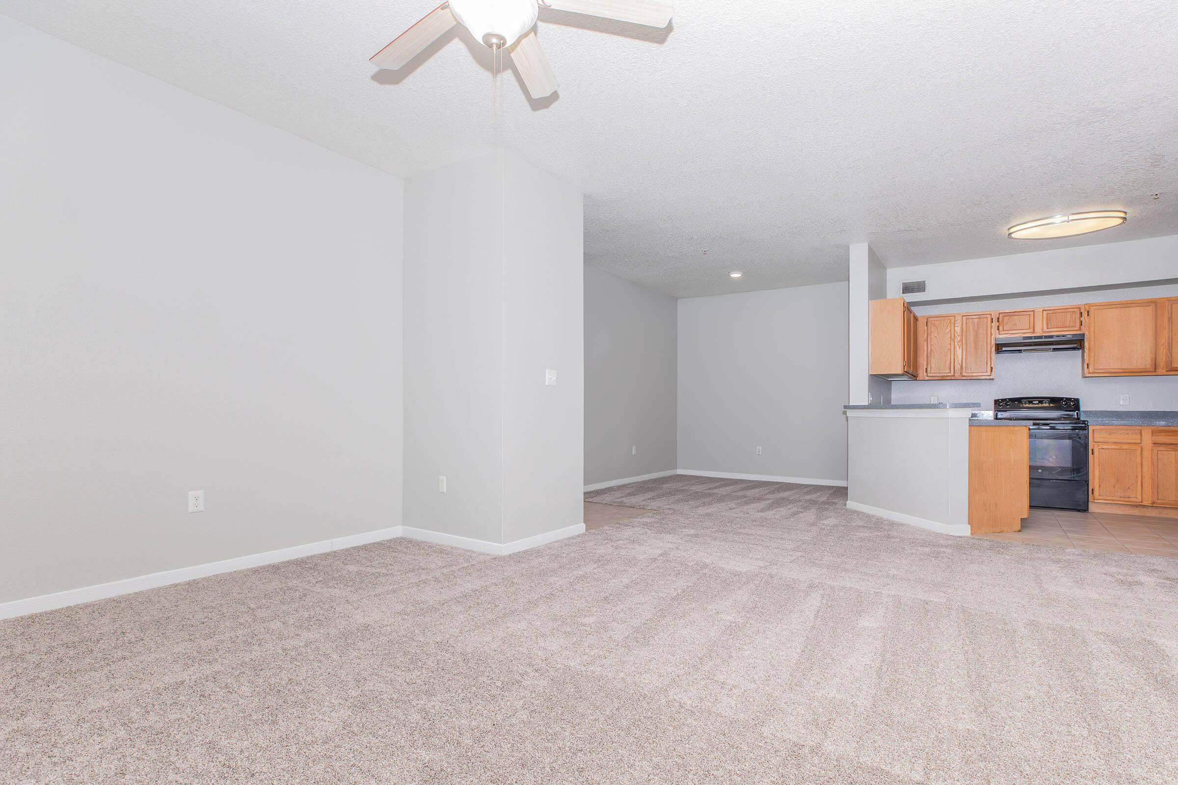 A spacious living area with light gray walls and freshly carpeted floor. A ceiling fan hangs above, and the room flows into a kitchen area featuring wooden cabinets and modern appliances. Natural light is present, creating an inviting atmosphere.