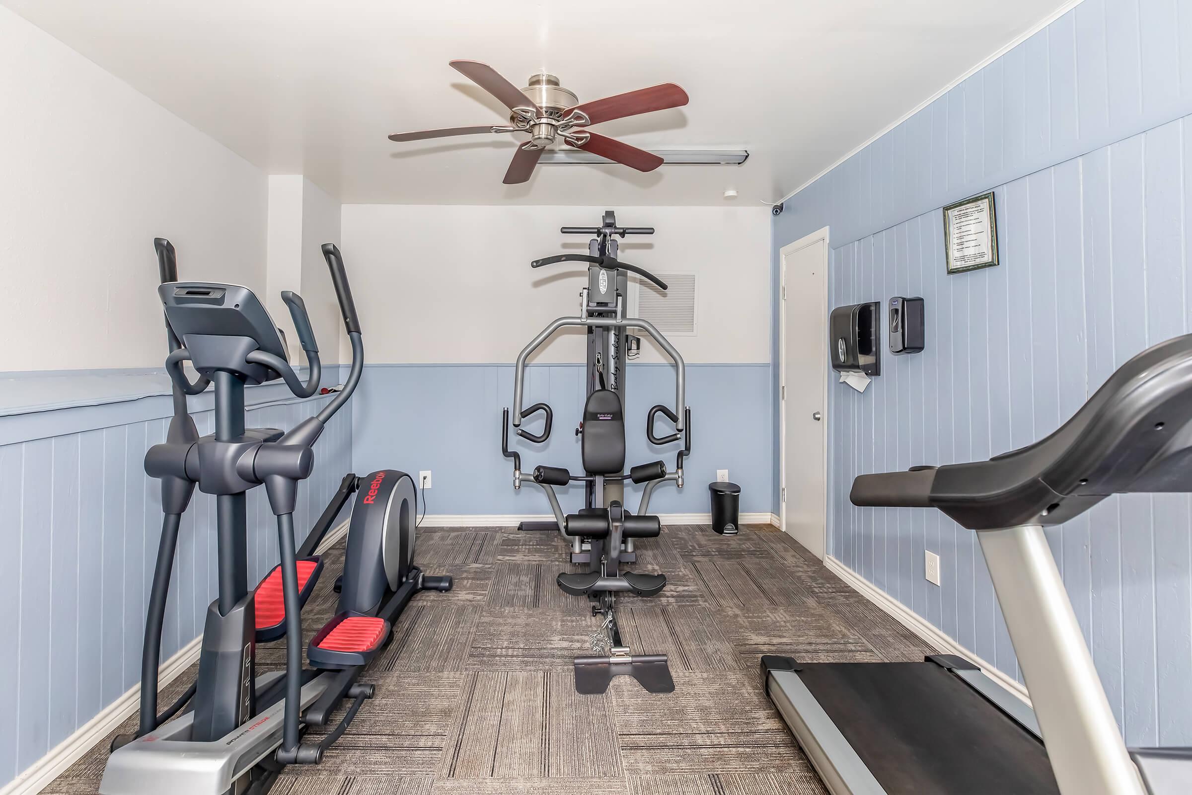 A well-equipped home gym featuring an elliptical machine, a multi-station weight machine, and a treadmill. The room has light blue walls, a ceiling fan, and carpeted flooring, creating a comfortable workout environment.