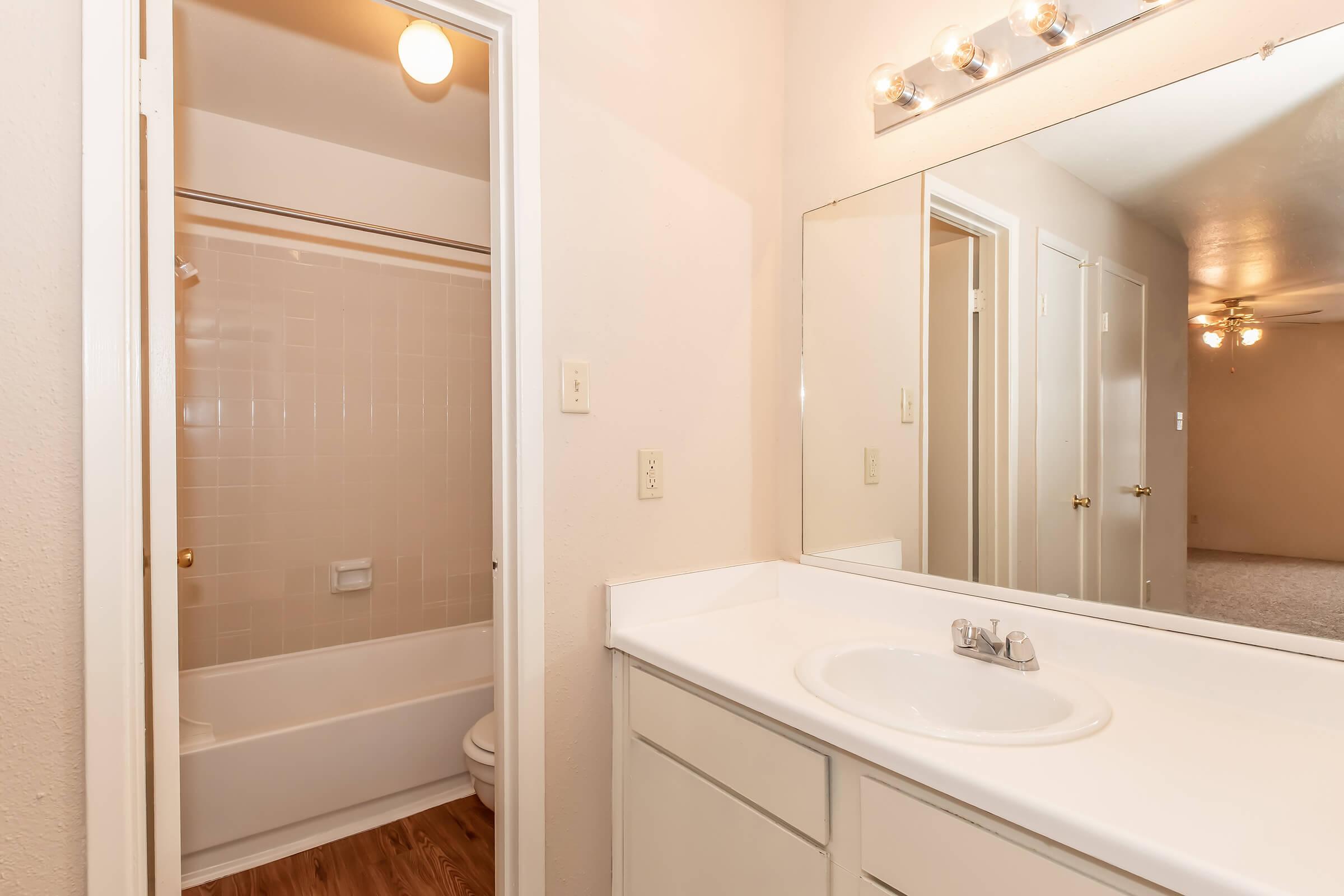A clean and well-lit bathroom featuring a single sink with a mirror above, white cabinetry, and a shower/tub combination visible through a partially opened door. The walls are painted in a light color, and there is a ceiling light fixture providing illumination.