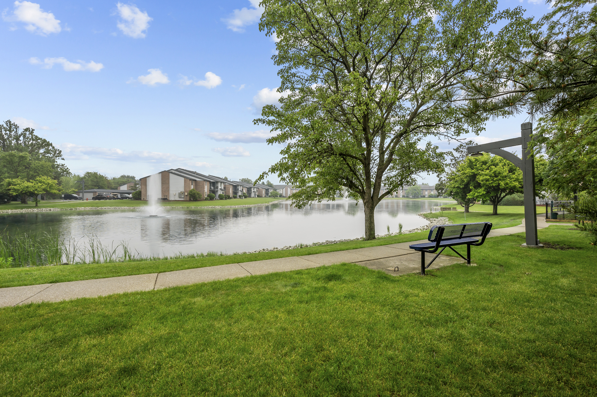 A serene view of a pond surrounded by lush green grass and trees, with a walking path leading to a bench. In the background, there are apartment buildings and a cloudy blue sky. The scene captures a peaceful outdoor setting, perfect for relaxation or a leisurely stroll.