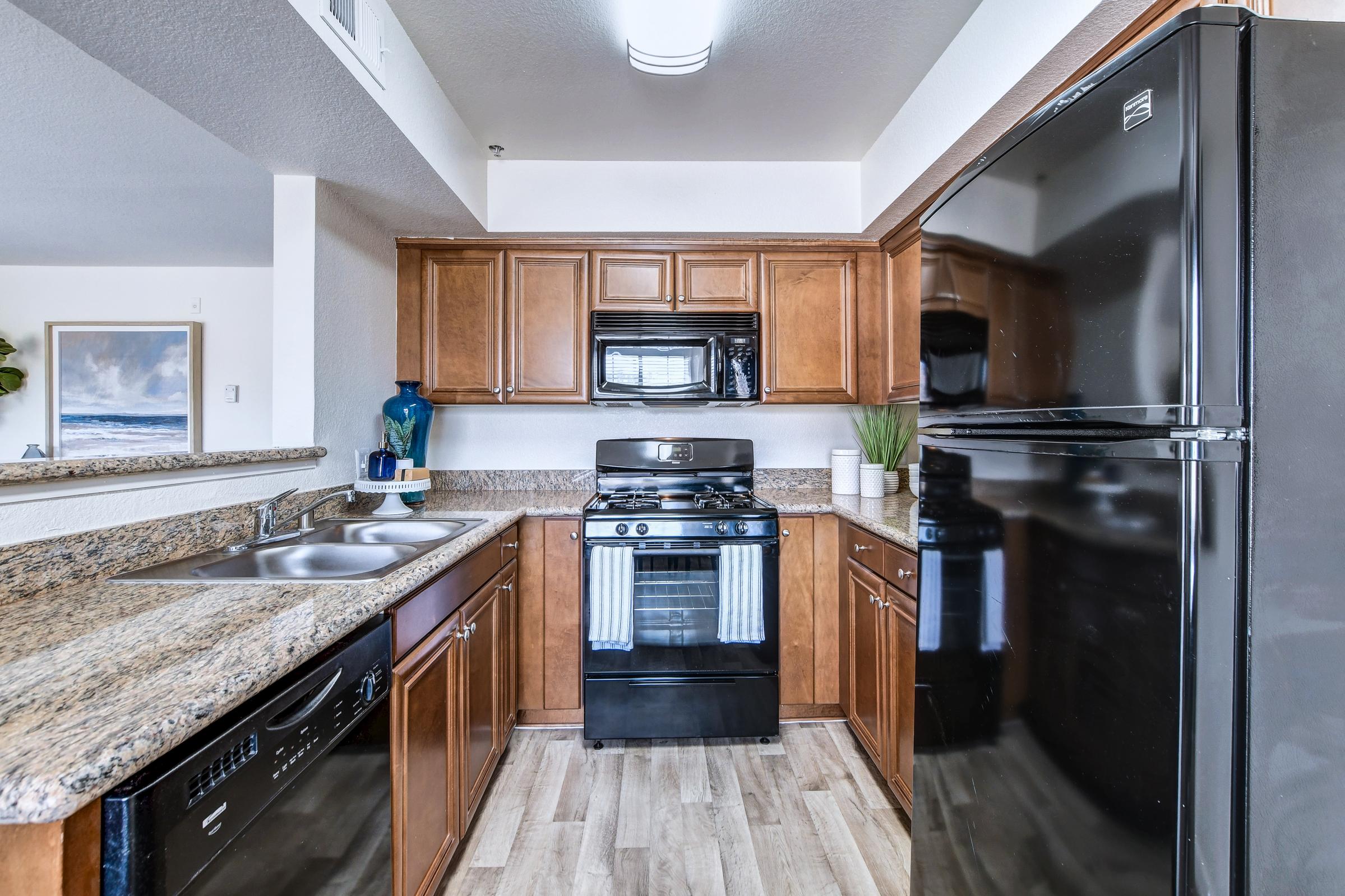 A modern kitchen featuring wooden cabinetry, granite countertops, and stainless-steel appliances. It includes a black stove, microwave, and refrigerator, along with a double sink. The space is well-lit and has decorative elements like a blue vase and a small plant.