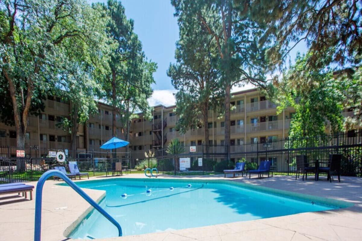 A sunny outdoor swimming pool surrounded by lounge chairs and umbrellas, with an apartment building visible in the background. Lush trees provide shade near the pool area, creating a relaxed, inviting atmosphere. The pool features clear water and safety signs in the vicinity.
