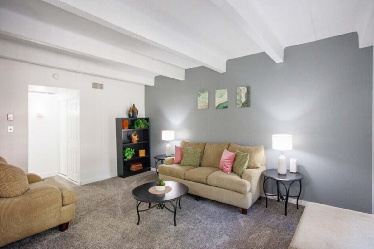 A cozy living room featuring a beige sofa with pink cushions, a small round coffee table, and two lamps on either side. A dark bookshelf is adorned with plants and decorative items. The walls are painted gray, and three pieces of wall art are displayed above the sofa. The space has a warm, inviting atmosphere.