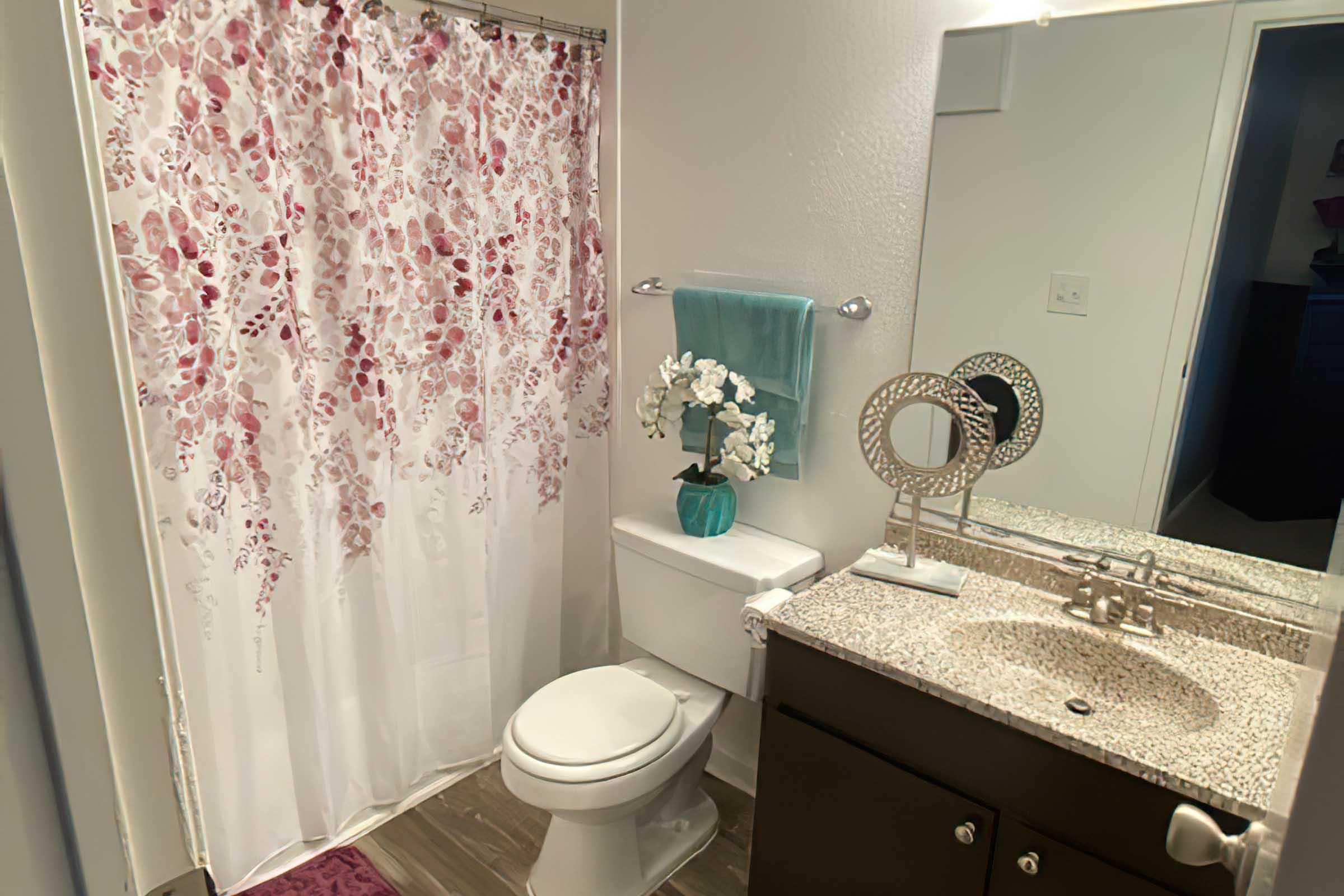 a shower curtain next to a sink